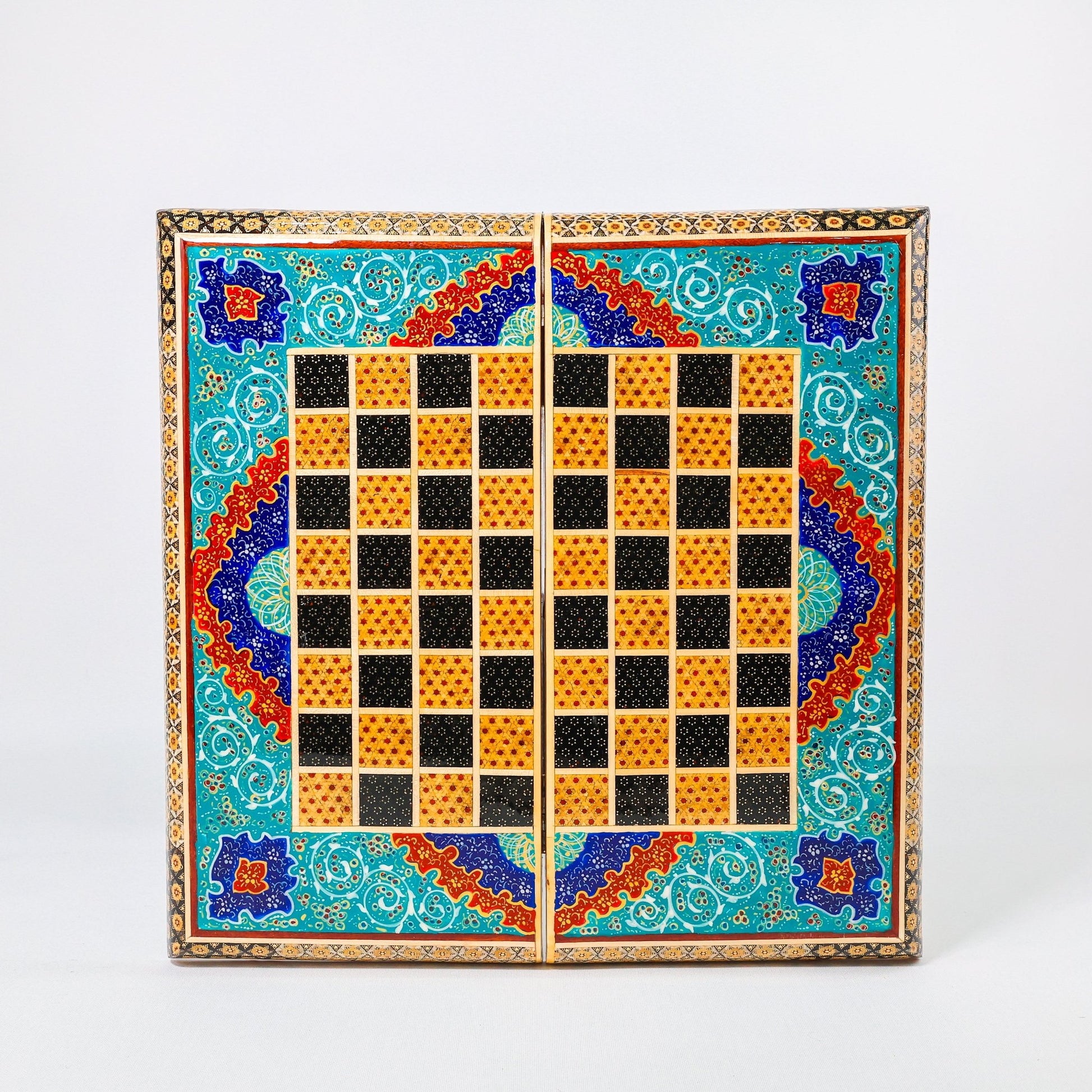 Backgammon & Chess Board – Size 40 – Full Khatam with Column Frame – Tazhib Miniature Painting - 18 - Meraas Gallery