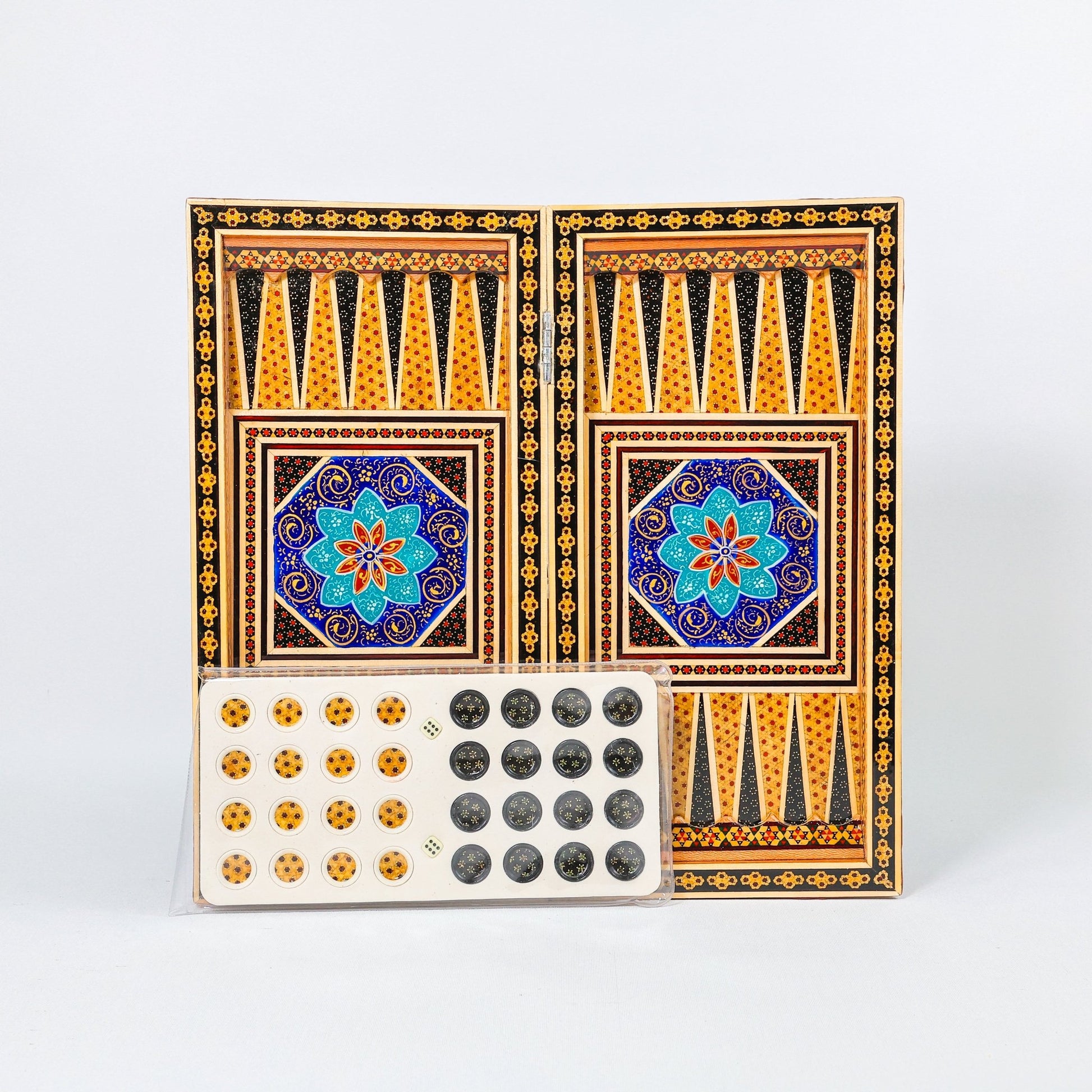 Backgammon & Chess Board – Size 40 – Full Khatam with Column Frame – Tazhib Miniature Painting - 18 - Meraas Gallery