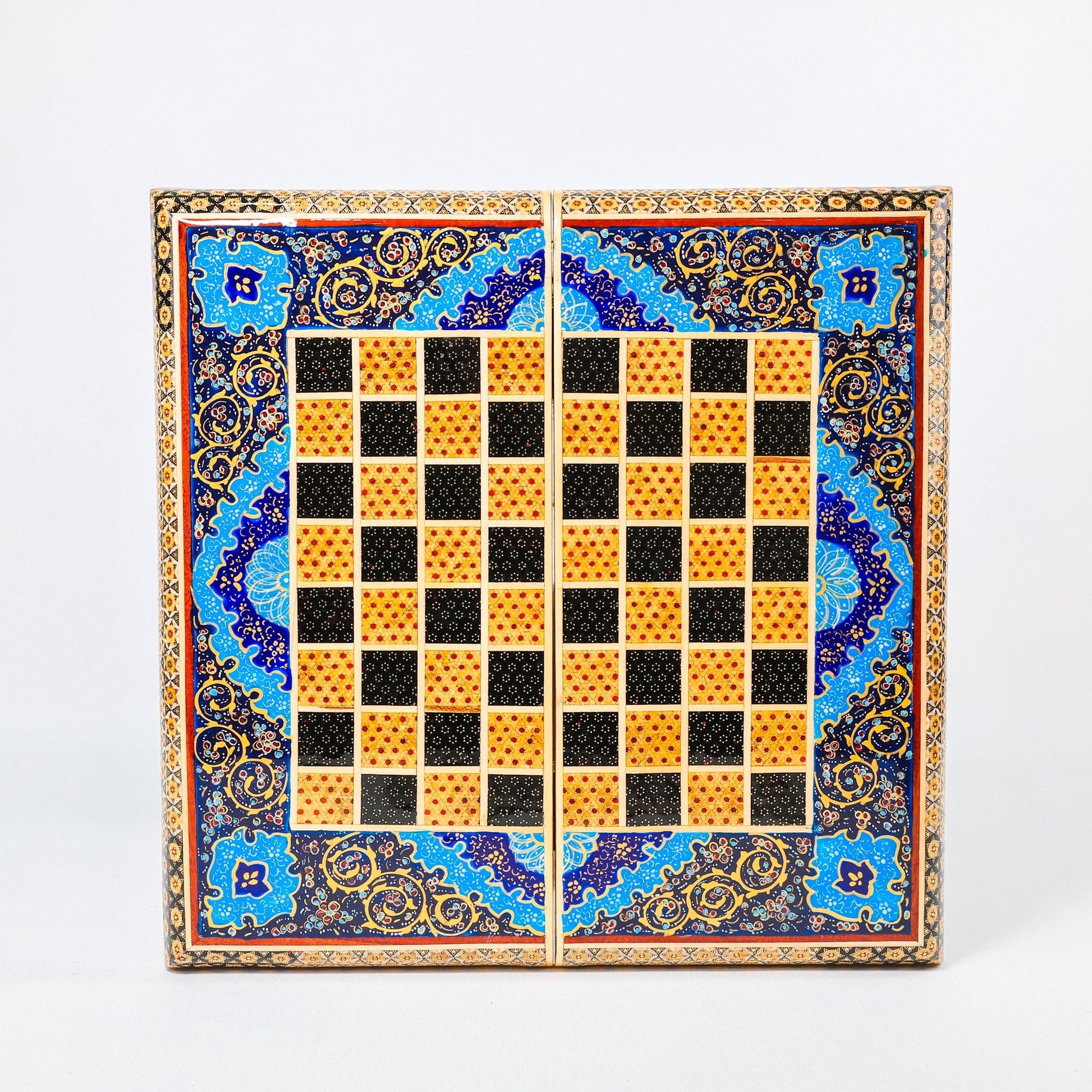 Backgammon & Chess Board – Size 40 – Full Khatam with Column Frame – Tazhib Miniature Painting - 19 - Meraas Gallery