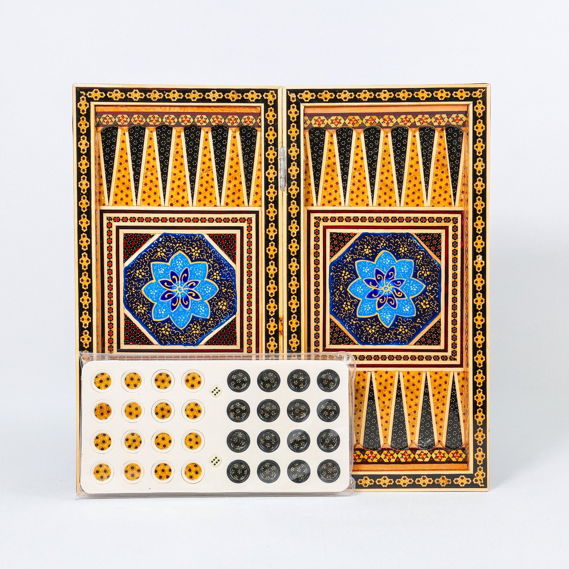 Backgammon & Chess Board – Size 40 – Full Khatam with Column Frame – Tazhib Miniature Painting - 19 - Meraas Gallery