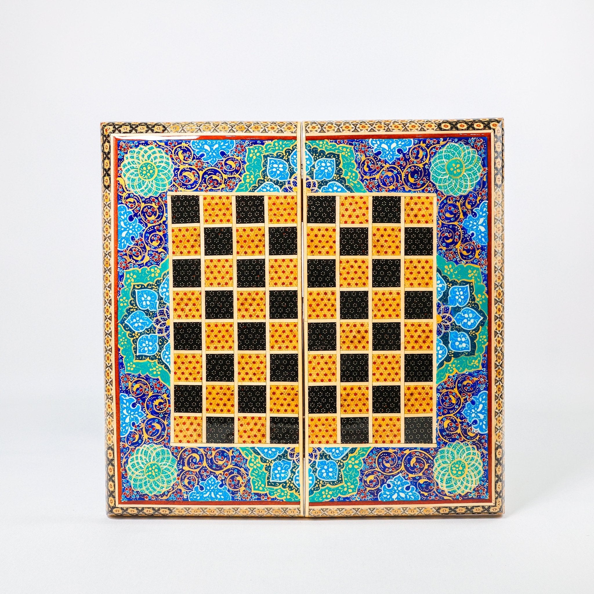 Backgammon & Chess Board – Size 40 – Full Khatam with Column Frame – Tazhib Miniature Painting - 20 - Meraas Gallery