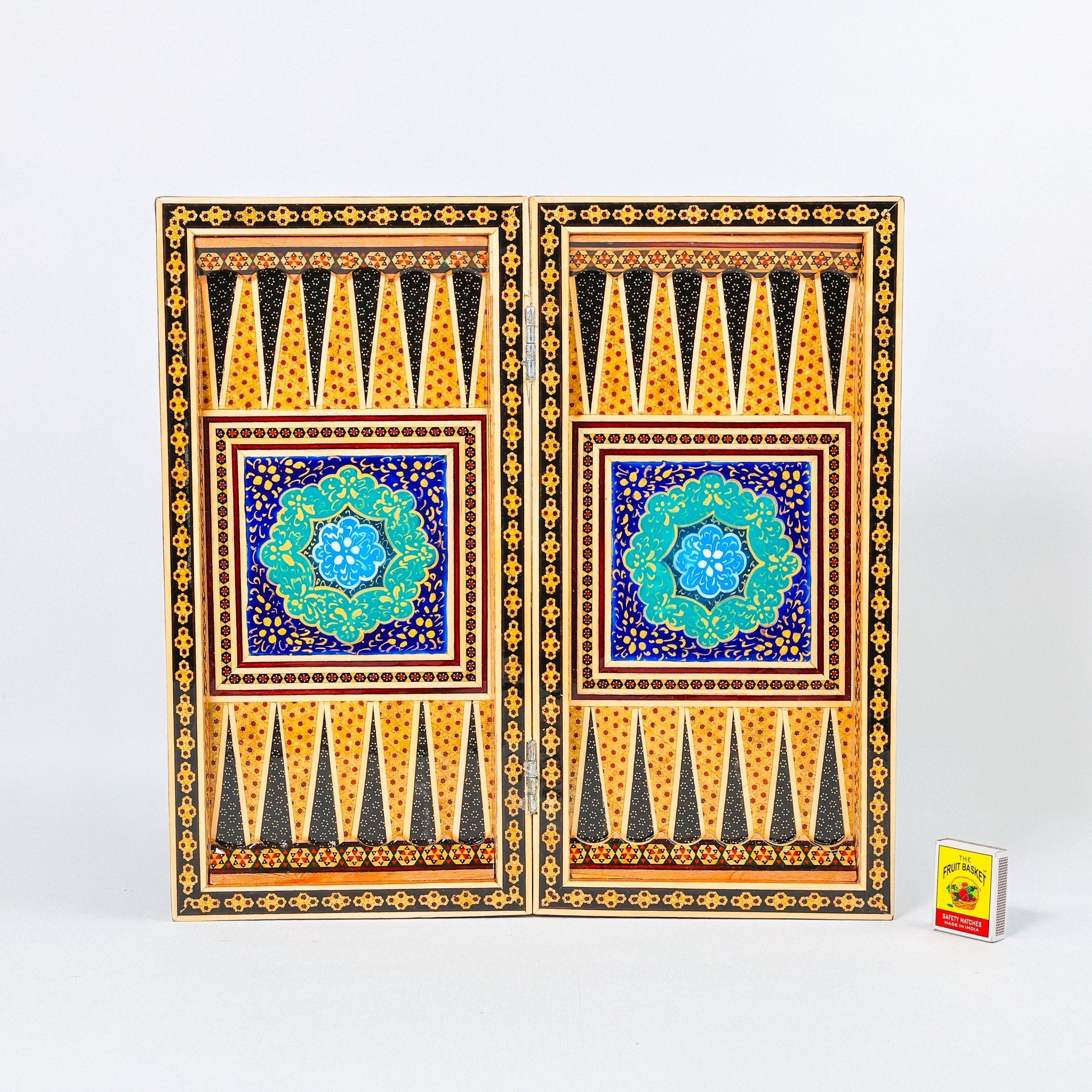 Backgammon & Chess Board – Size 40 – Full Khatam with Column Frame – Tazhib Miniature Painting - 20 - Meraas Gallery