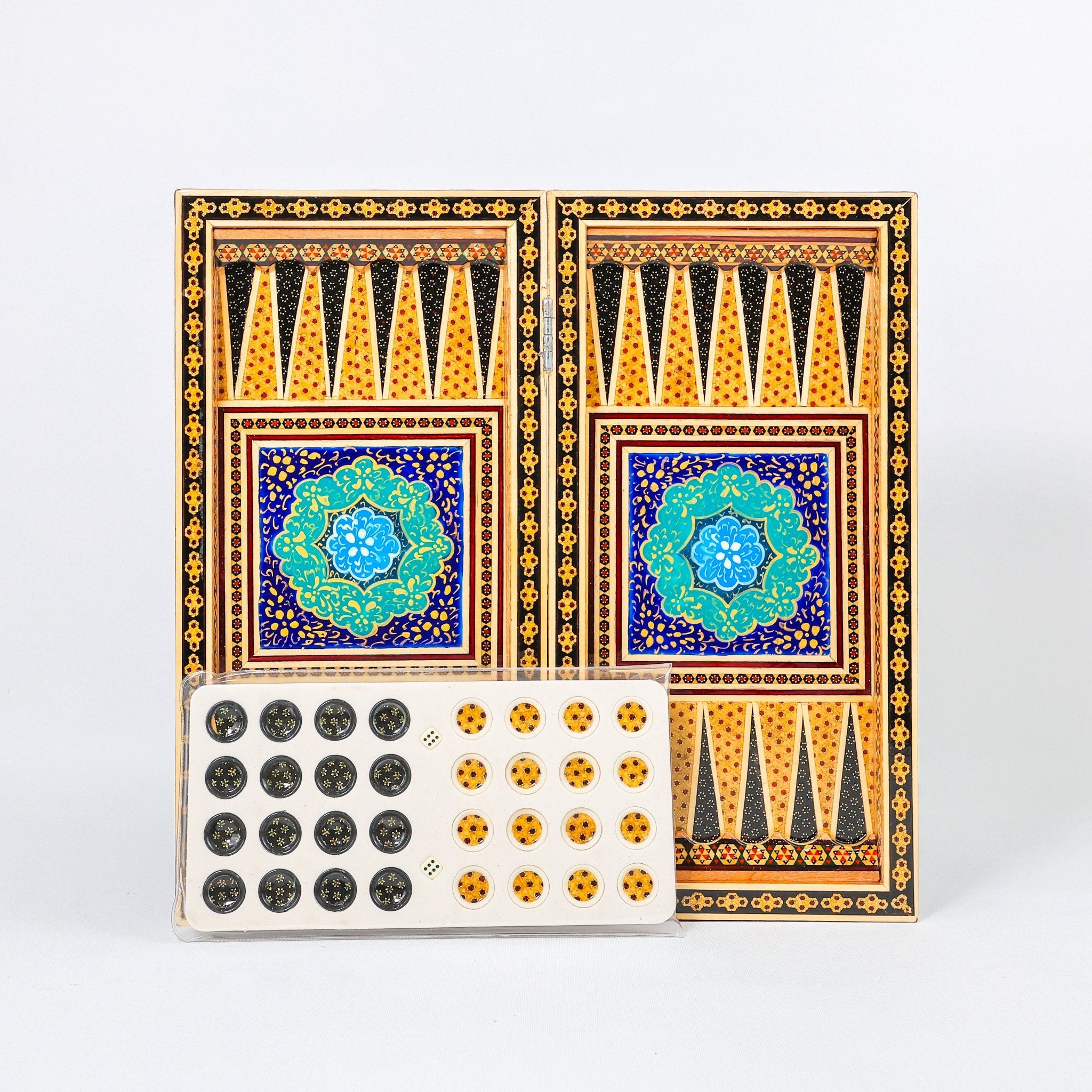 Backgammon & Chess Board – Size 40 – Full Khatam with Column Frame – Tazhib Miniature Painting - 20 - Meraas Gallery