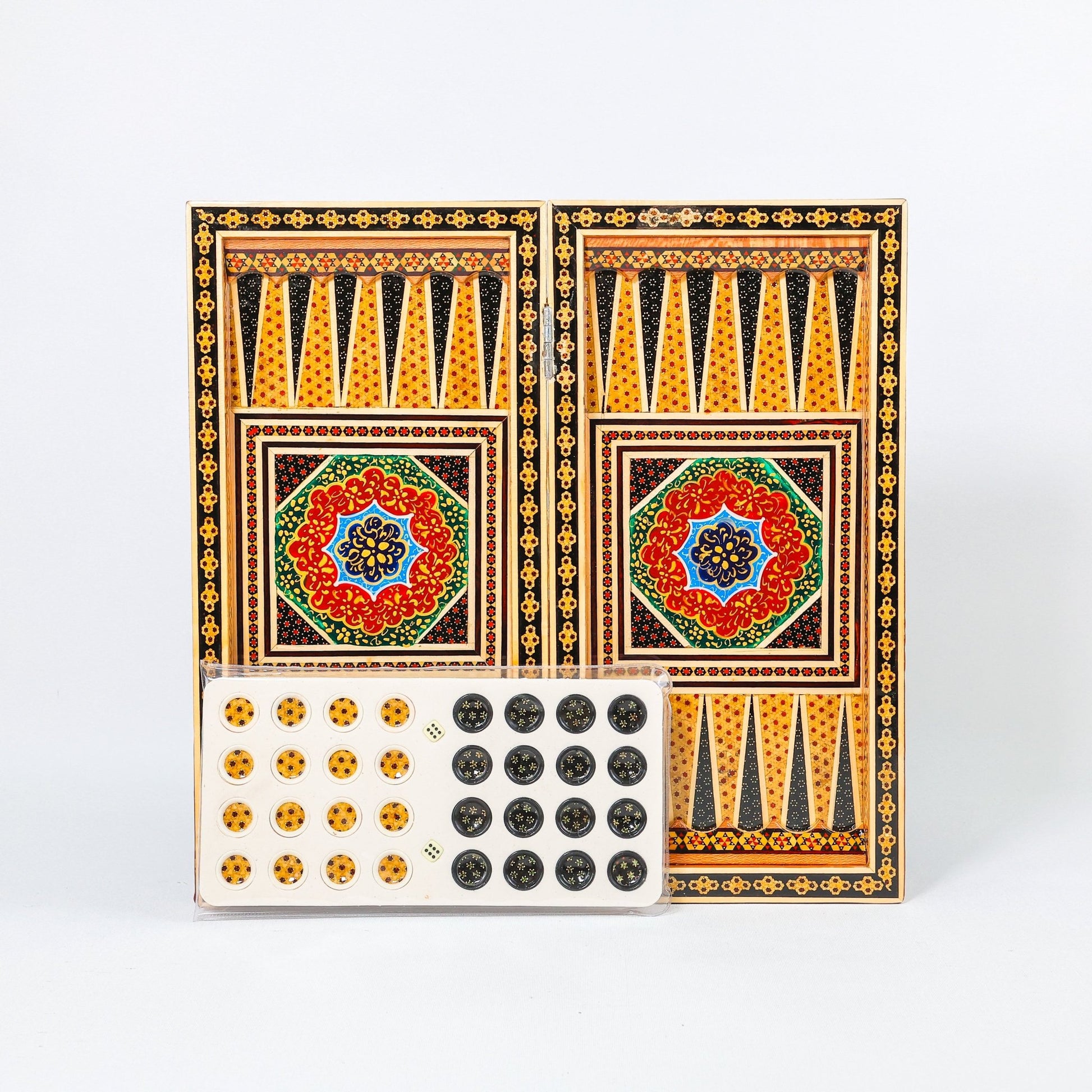 Backgammon & Chess Board – Size 40 – Full Khatam with Column Frame – Tazhib Miniature Painting - 21 - Meraas Gallery