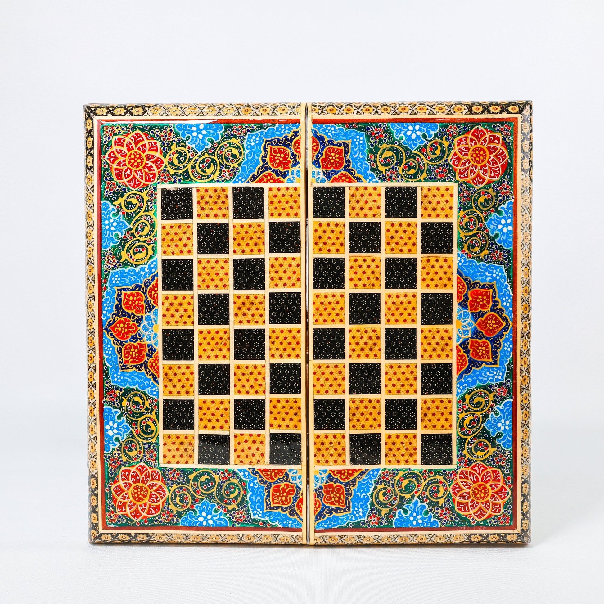 Backgammon & Chess Board – Size 40 – Full Khatam with Column Frame – Tazhib Miniature Painting - 21 - Meraas Gallery