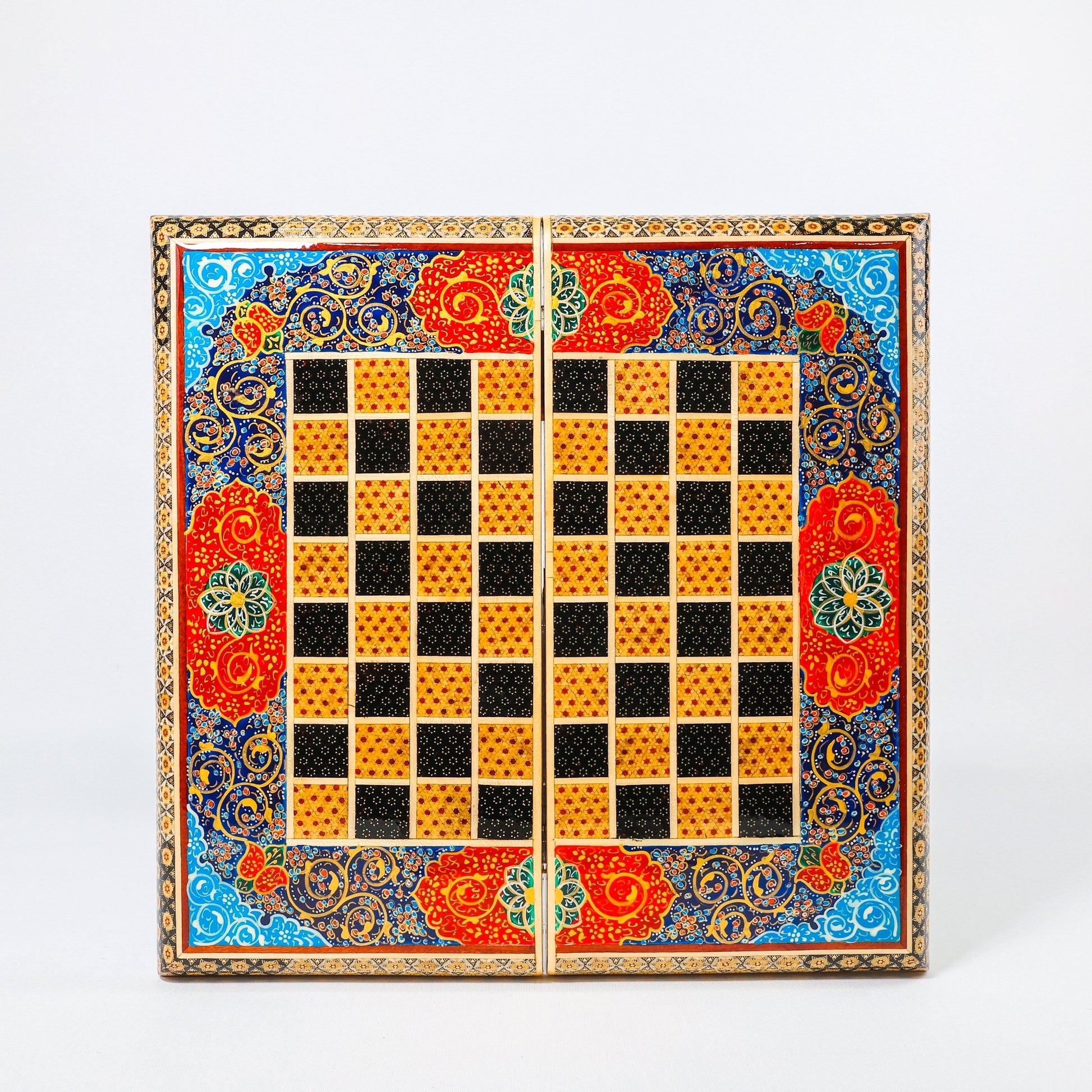 Backgammon & Chess Board – Size 40 – Full Khatam with Column Frame – Tazhib Miniature Painting - 22 - Meraas Gallery