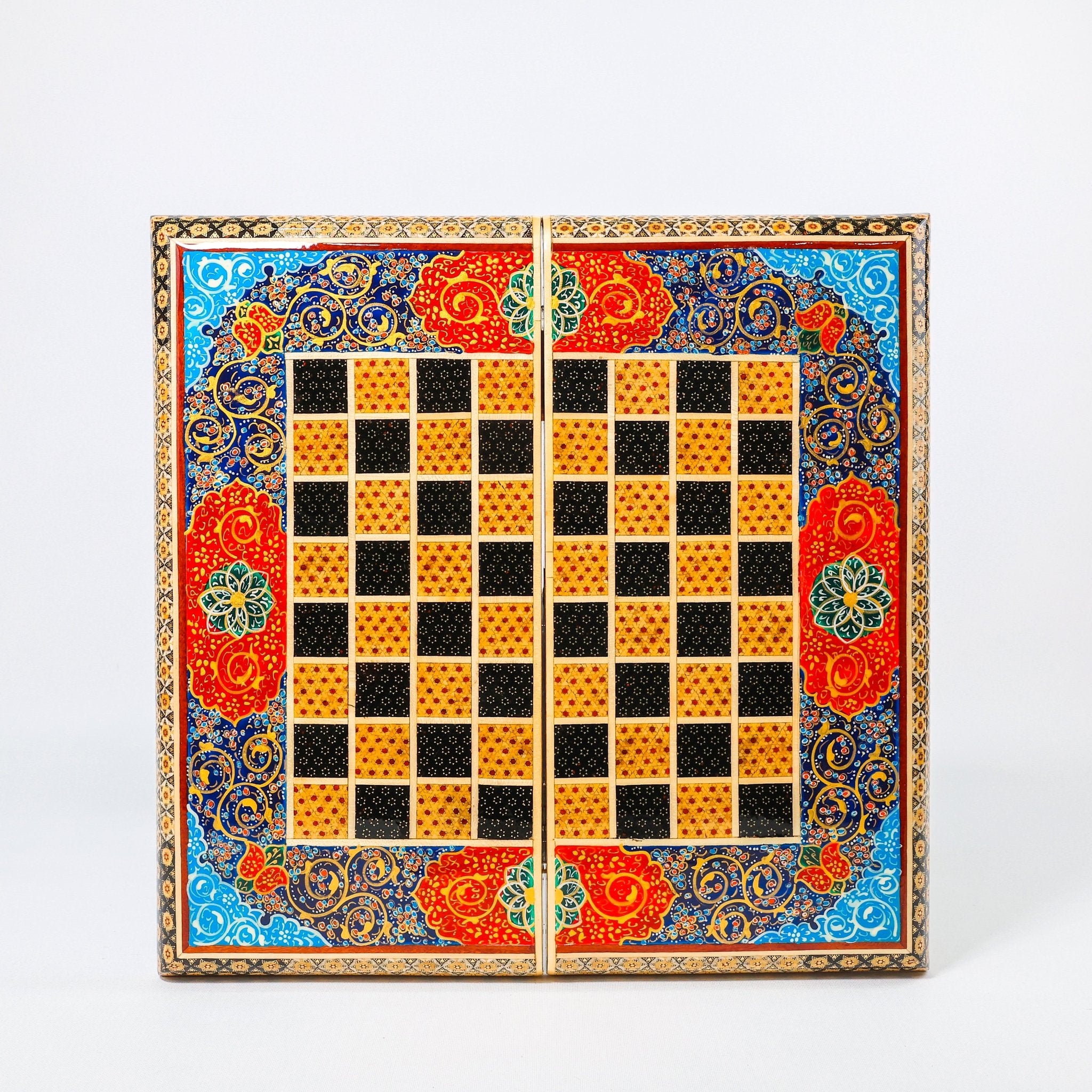 Backgammon & Chess Board – Size 40 – Full Khatam with Column Frame – Tazhib Miniature Painting - 22 - Meraas Gallery