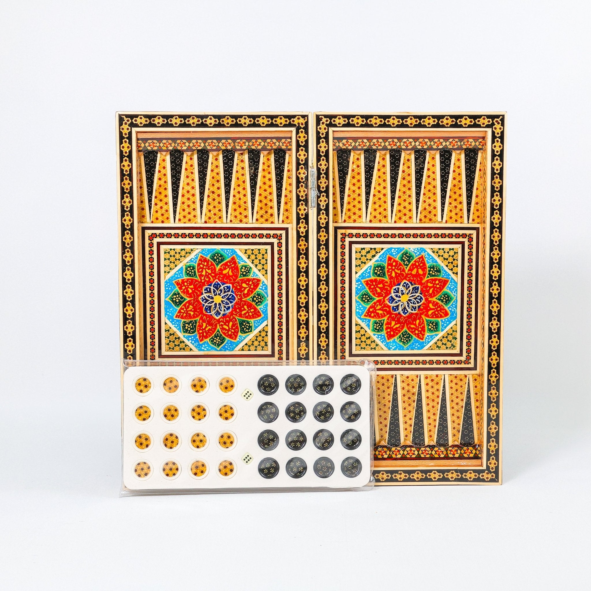 Backgammon & Chess Board – Size 40 – Full Khatam with Column Frame – Tazhib Miniature Painting - 22 - Meraas Gallery