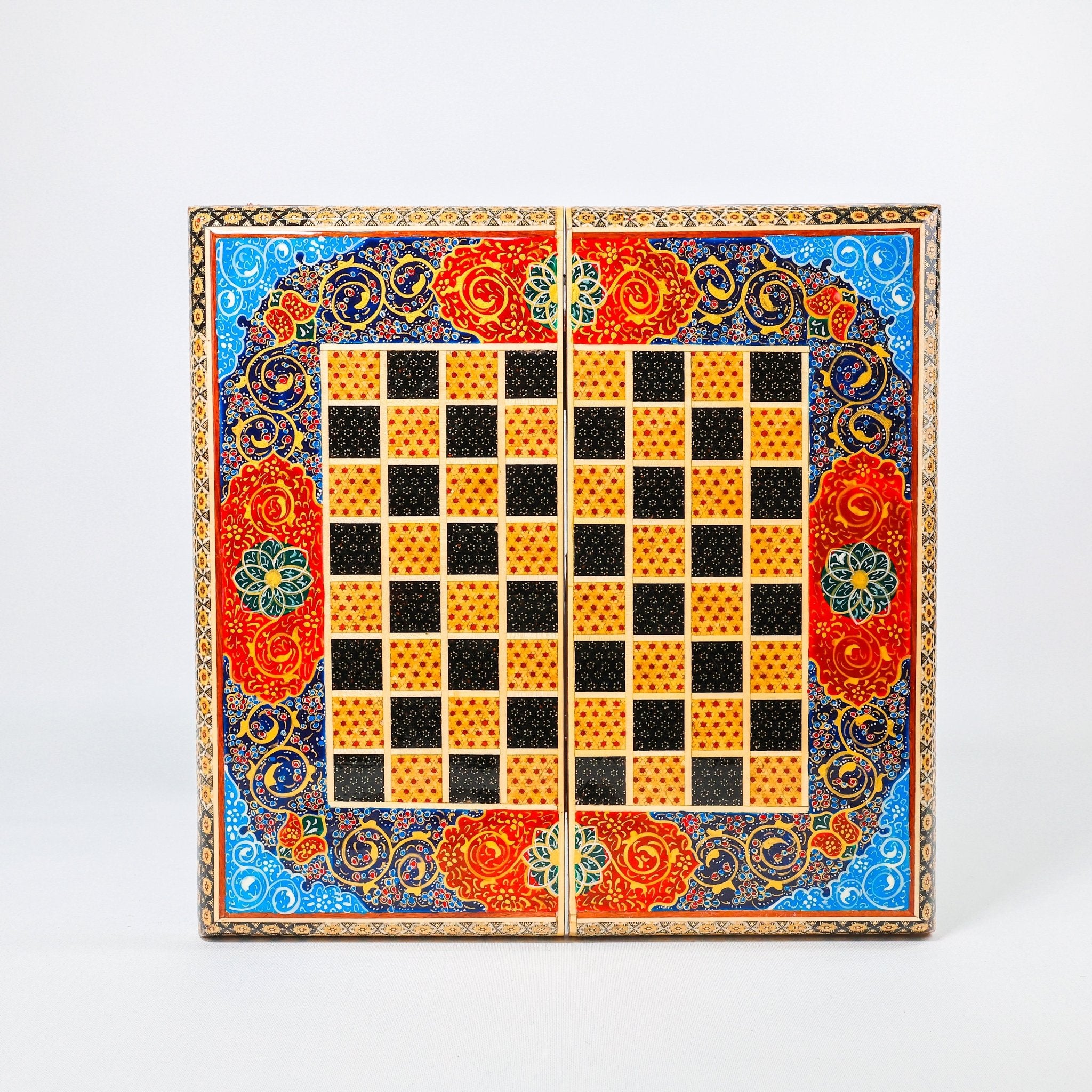 Backgammon & Chess Board – Size 40 – Full Khatam with Column Frame – Tazhib Miniature Painting - 23 - Meraas Gallery