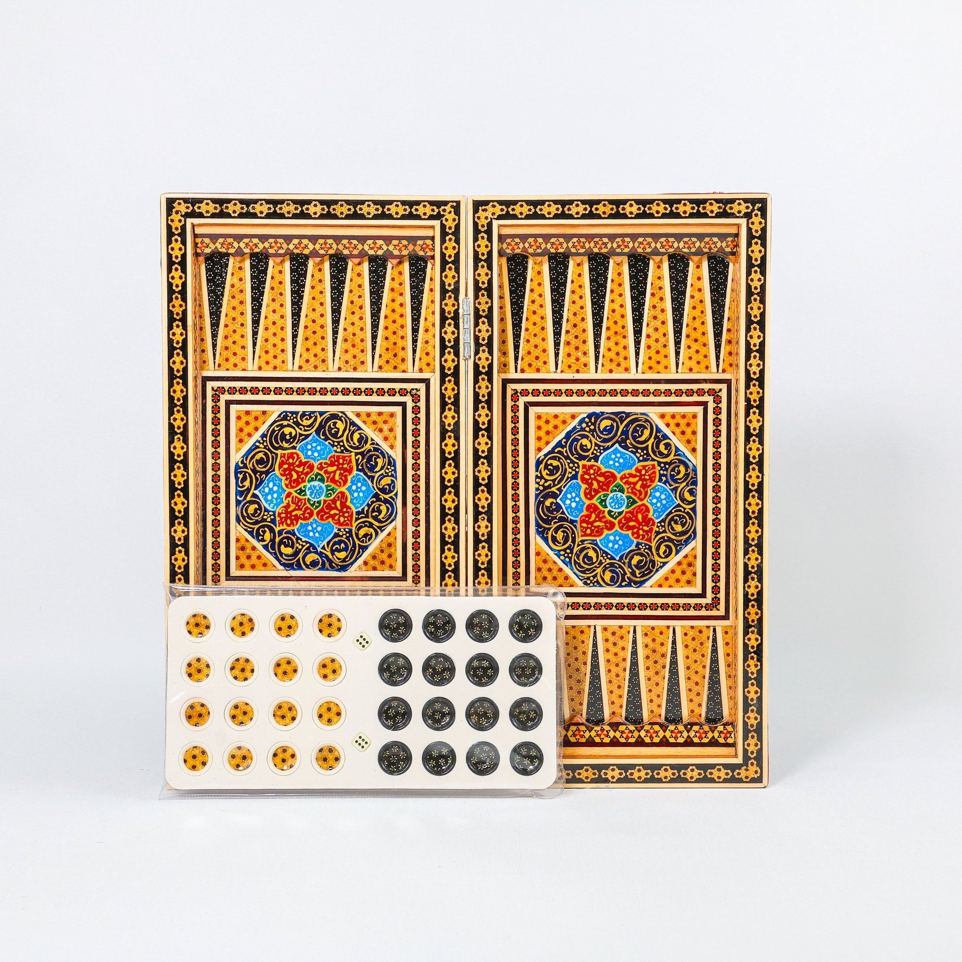 Backgammon & Chess Board – Size 40 – Full Khatam with Column Frame – Tazhib Miniature Painting - 23 - Meraas Gallery