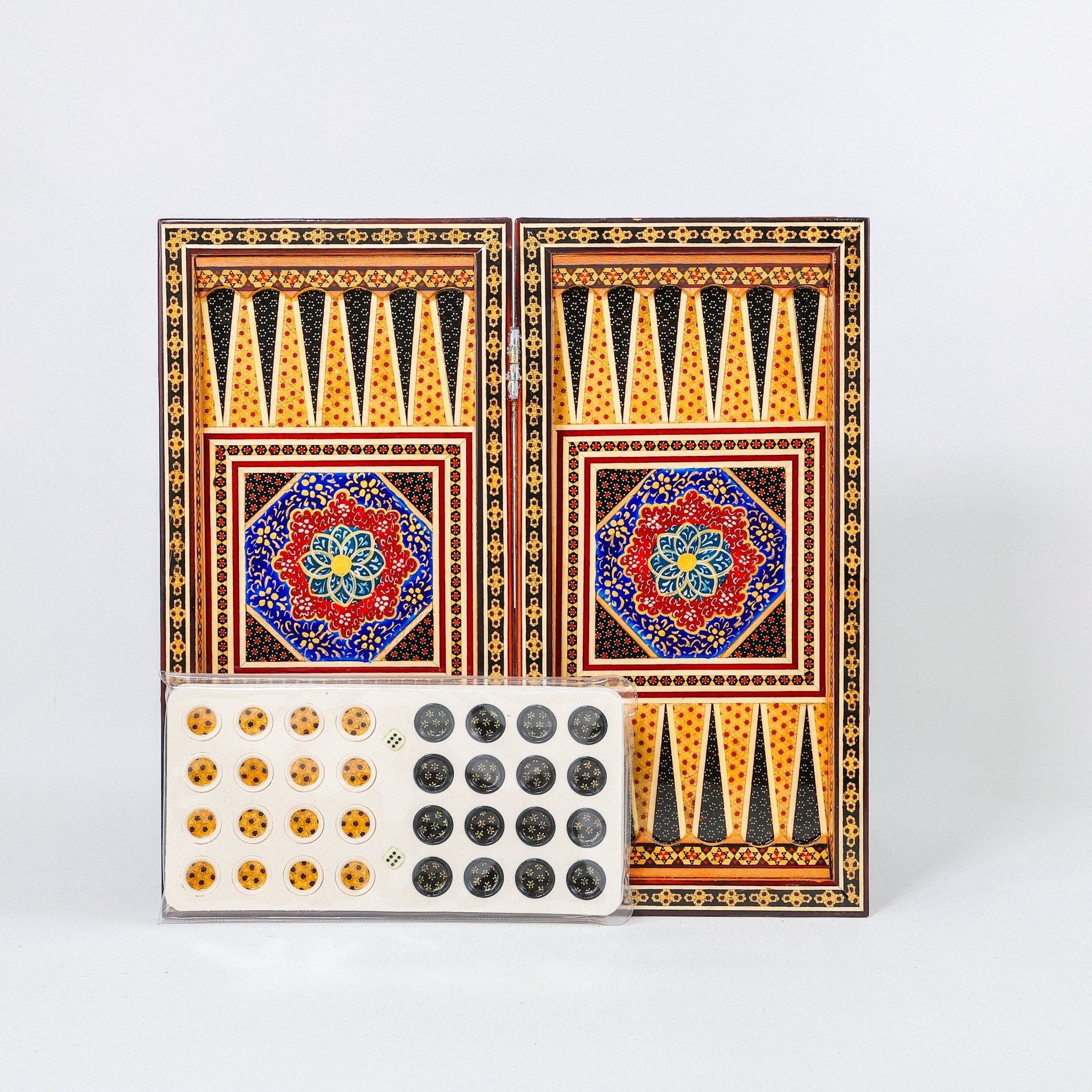 Backgammon & Chess Board – Size 40 – Full Khatam with Column Frame – Tazhib Miniature Painting - 24 - Meraas Gallery