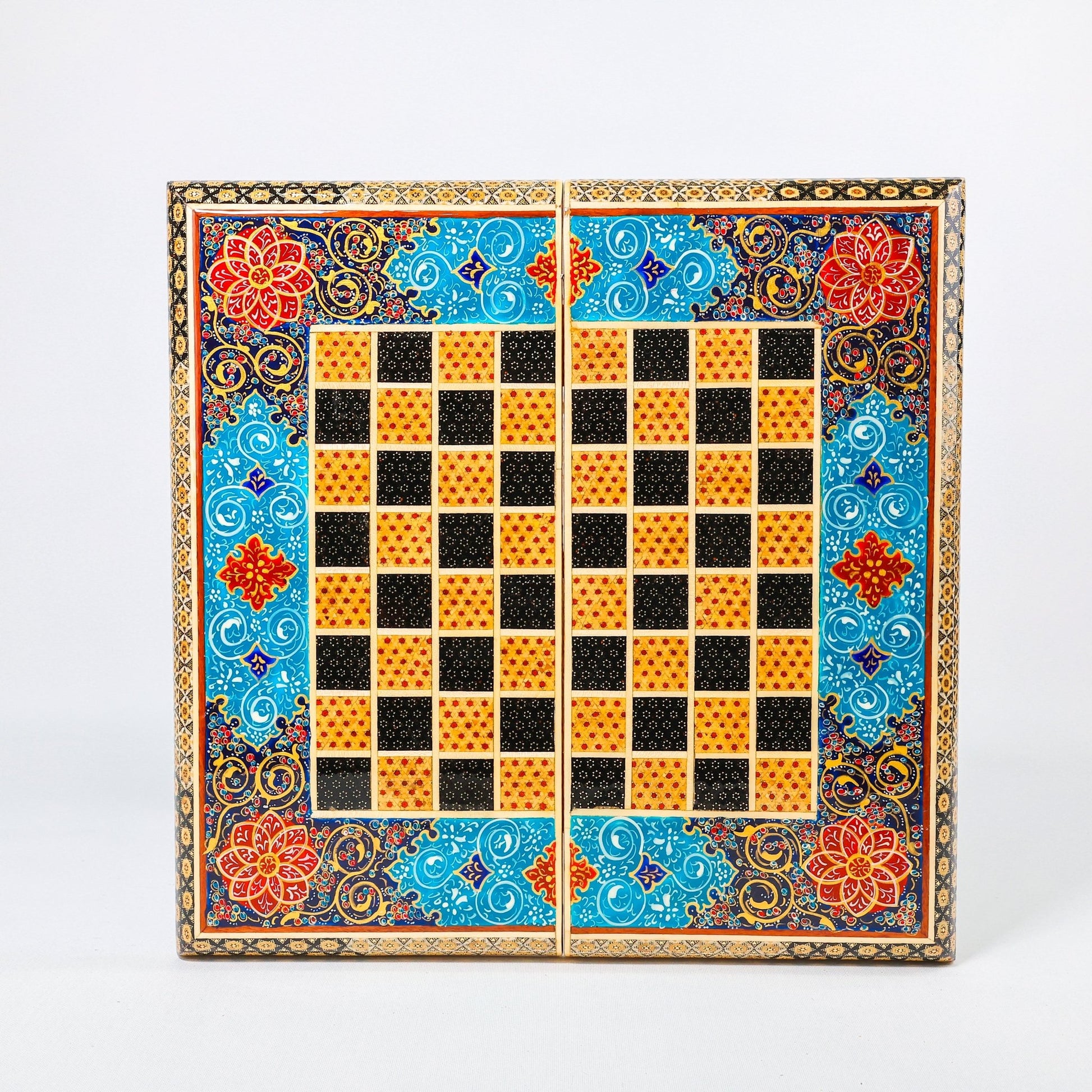 Backgammon & Chess Board – Size 40 – Full Khatam with Column Frame – Tazhib Miniature Painting - 25 - Meraas Gallery