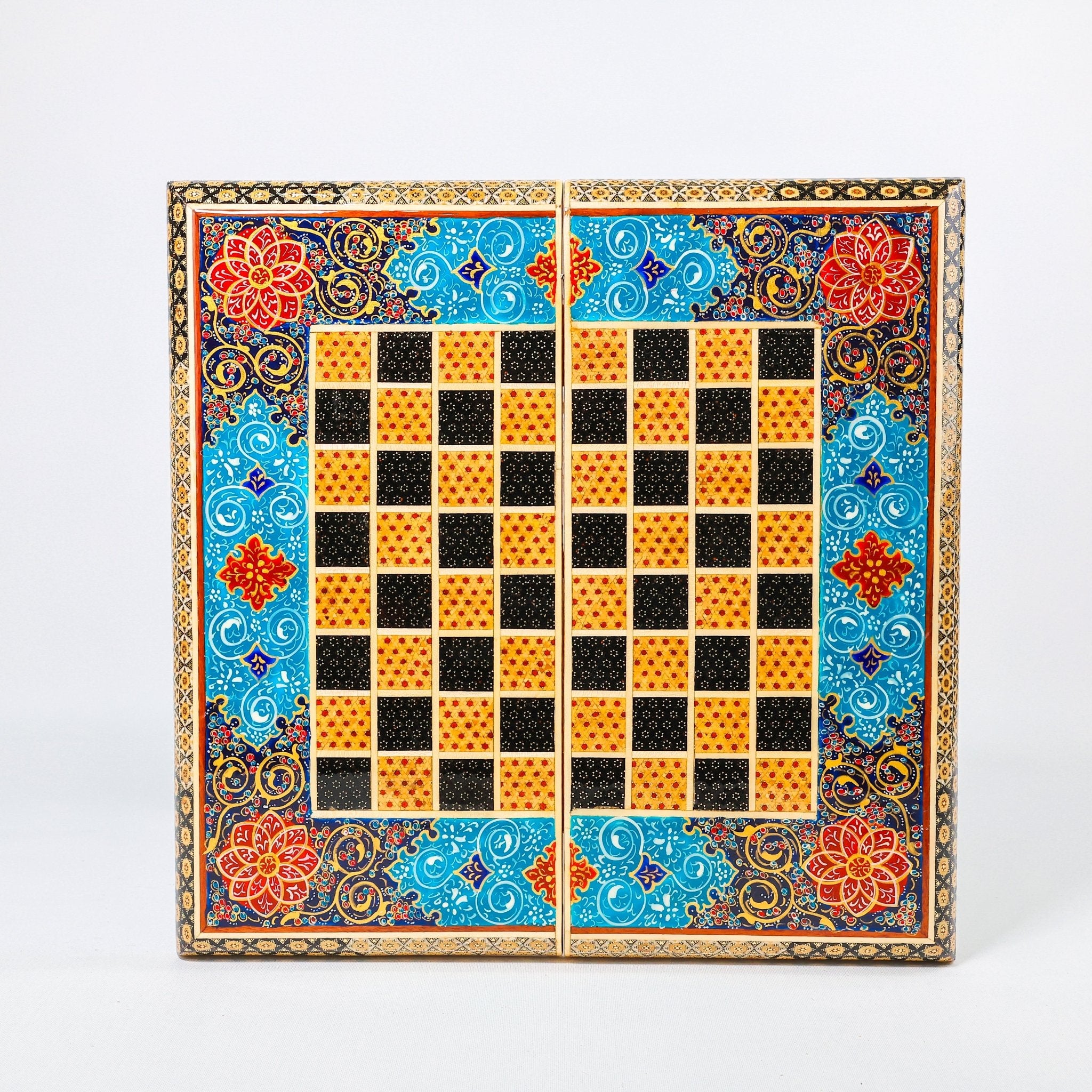 Backgammon & Chess Board – Size 40 – Full Khatam with Column Frame – Tazhib Miniature Painting - 25 - Meraas Gallery