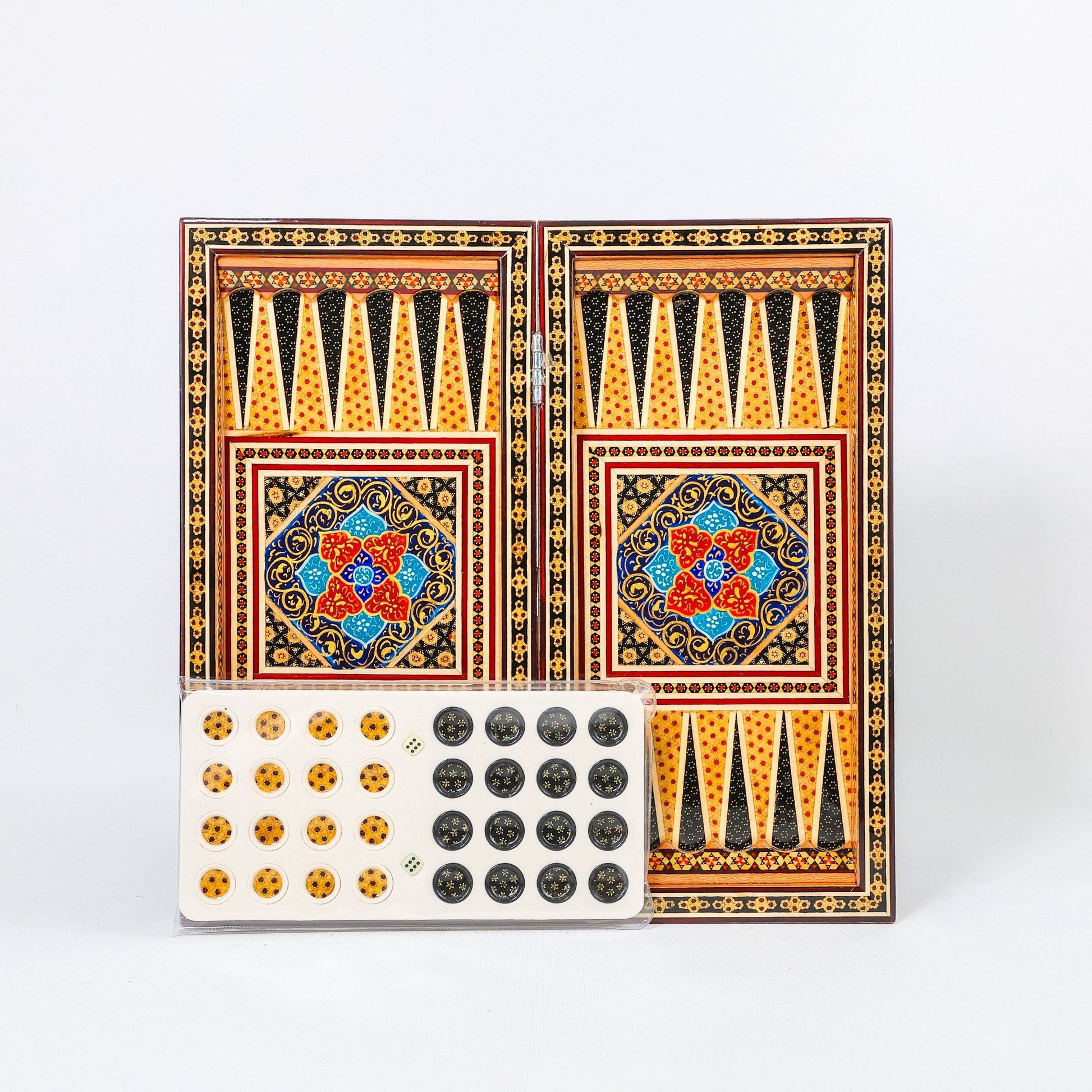 Backgammon & Chess Board – Size 40 – Full Khatam with Column Frame – Tazhib Miniature Painting - 25 - Meraas Gallery
