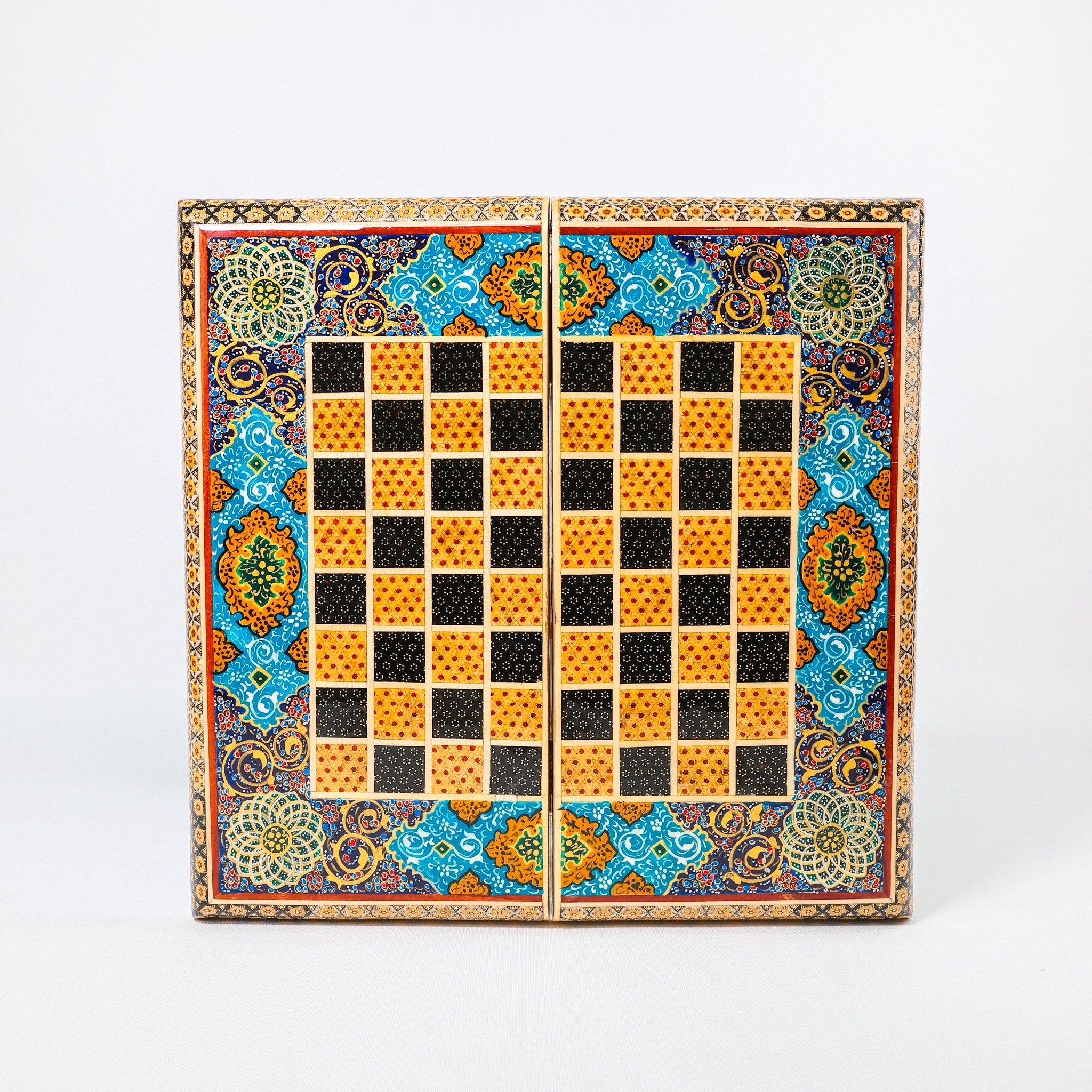 Backgammon & Chess Board – Size 40 – Full Khatam with Column Frame – Tazhib Miniature Painting - 26 - Meraas Gallery