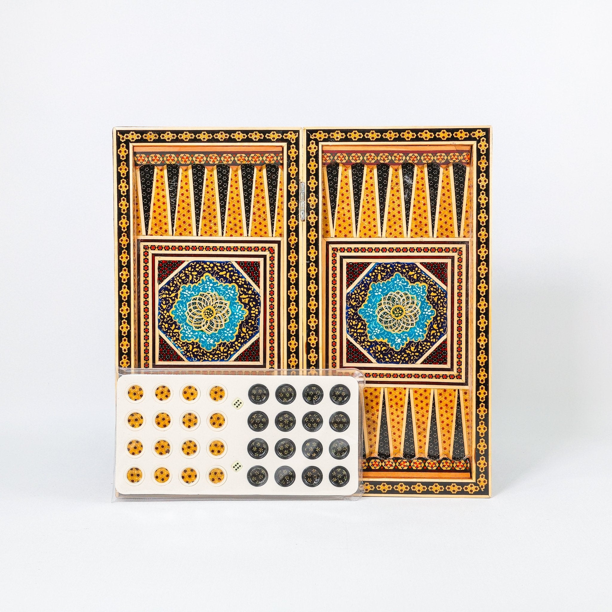 Backgammon & Chess Board – Size 40 – Full Khatam with Column Frame – Tazhib Miniature Painting - 26 - Meraas Gallery