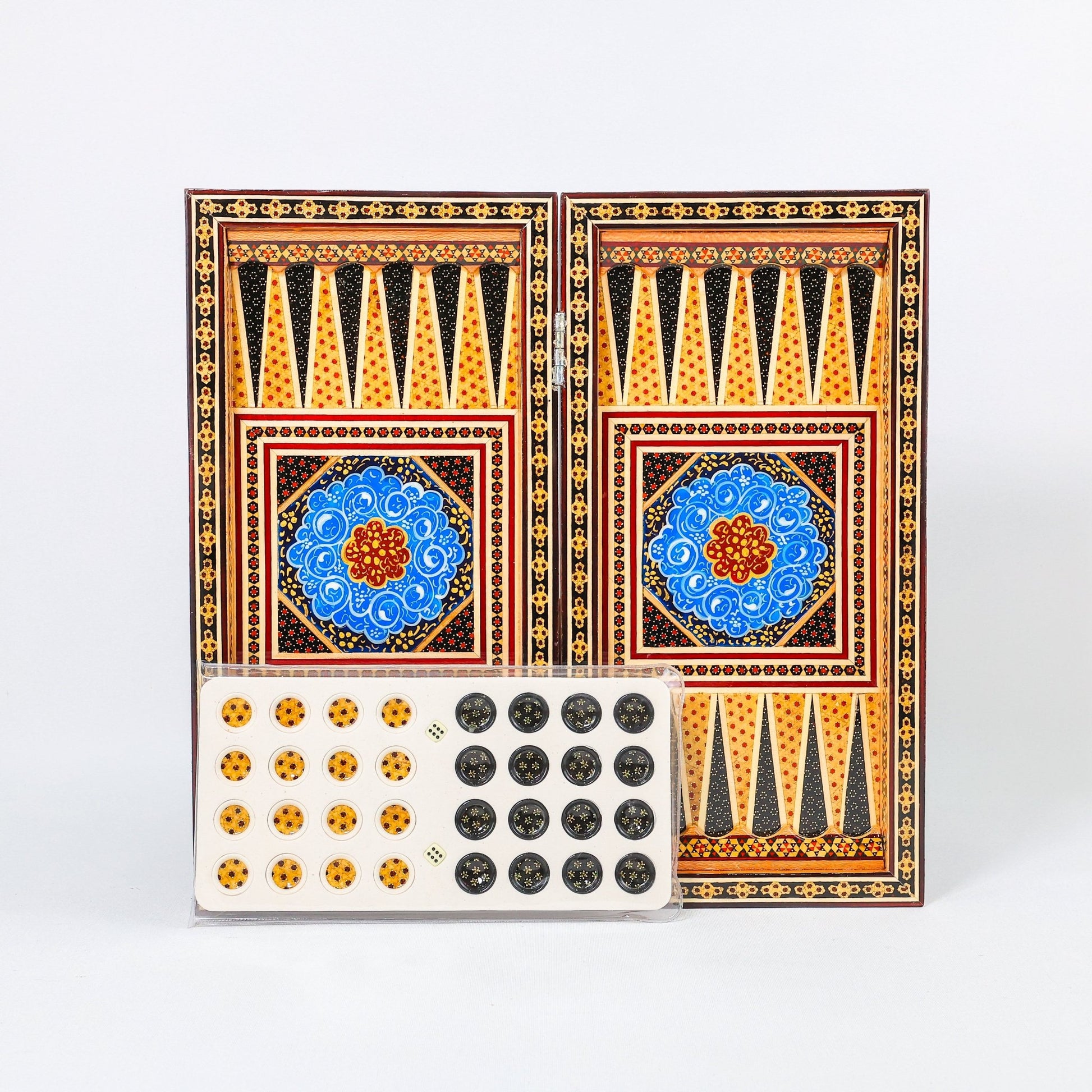 Backgammon & Chess Board – Size 40 – Full Khatam with Column Frame – Tazhib Miniature Painting - 27 - Meraas Gallery