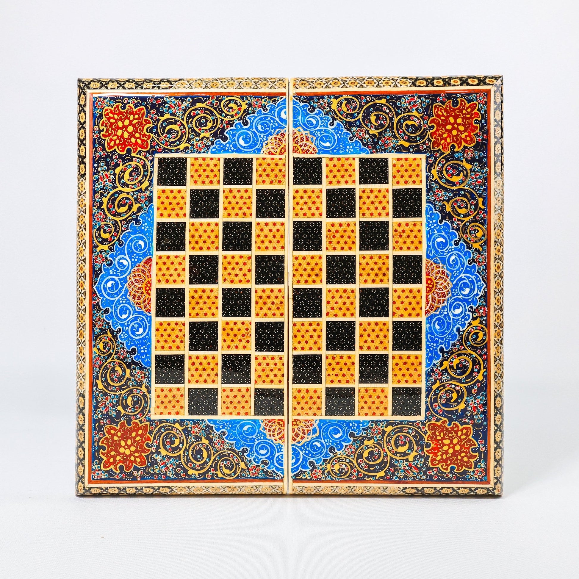 Backgammon & Chess Board – Size 40 – Full Khatam with Column Frame – Tazhib Miniature Painting - 27 - Meraas Gallery