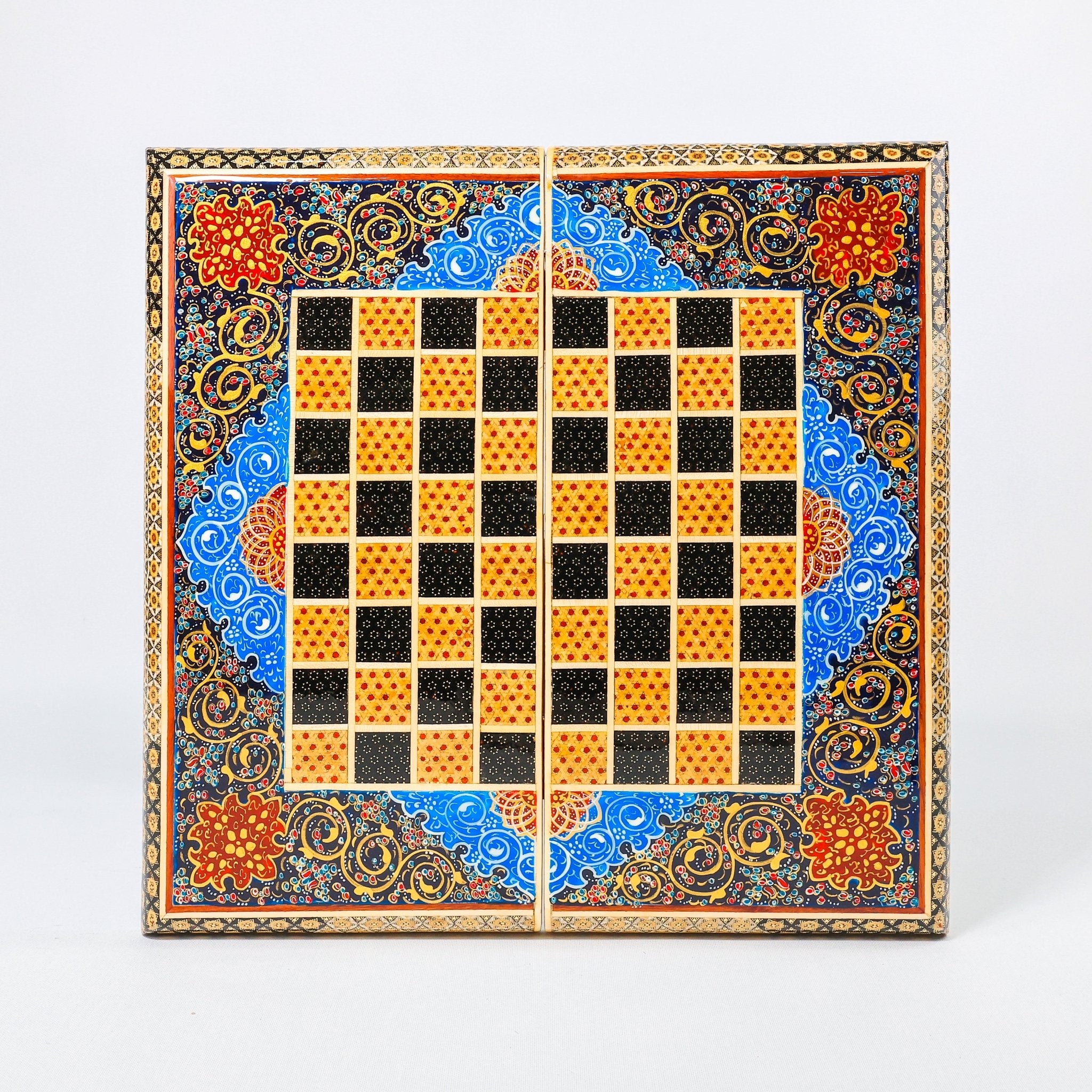 Backgammon & Chess Board – Size 40 – Full Khatam with Column Frame – Tazhib Miniature Painting - 27 - Meraas Gallery