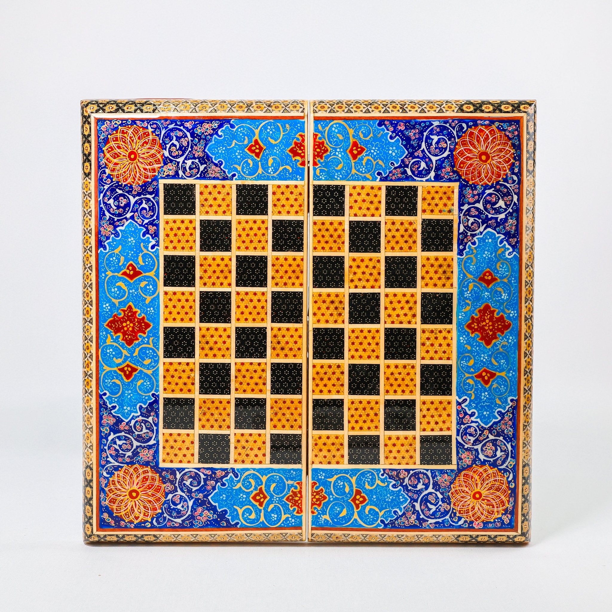 Backgammon & Chess Board – Size 40 – Full Khatam with Column Frame – Tazhib Miniature Painting - 28 - Meraas Gallery