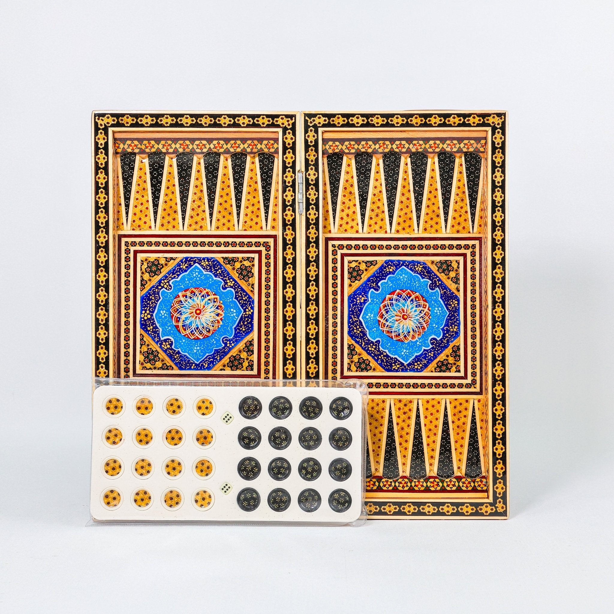Backgammon & Chess Board – Size 40 – Full Khatam with Column Frame – Tazhib Miniature Painting - 28 - Meraas Gallery