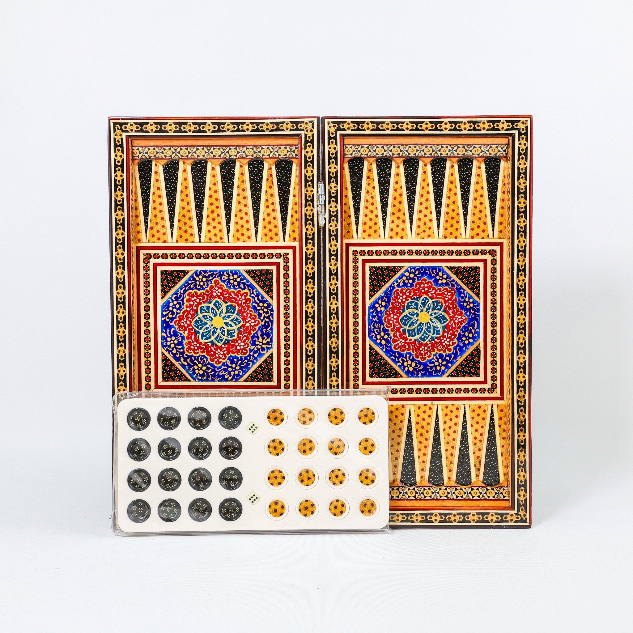 Backgammon & Chess Board – Size 40 – Full Khatam with Column Frame – Tazhib Miniature Painting - 29 - Meraas Gallery