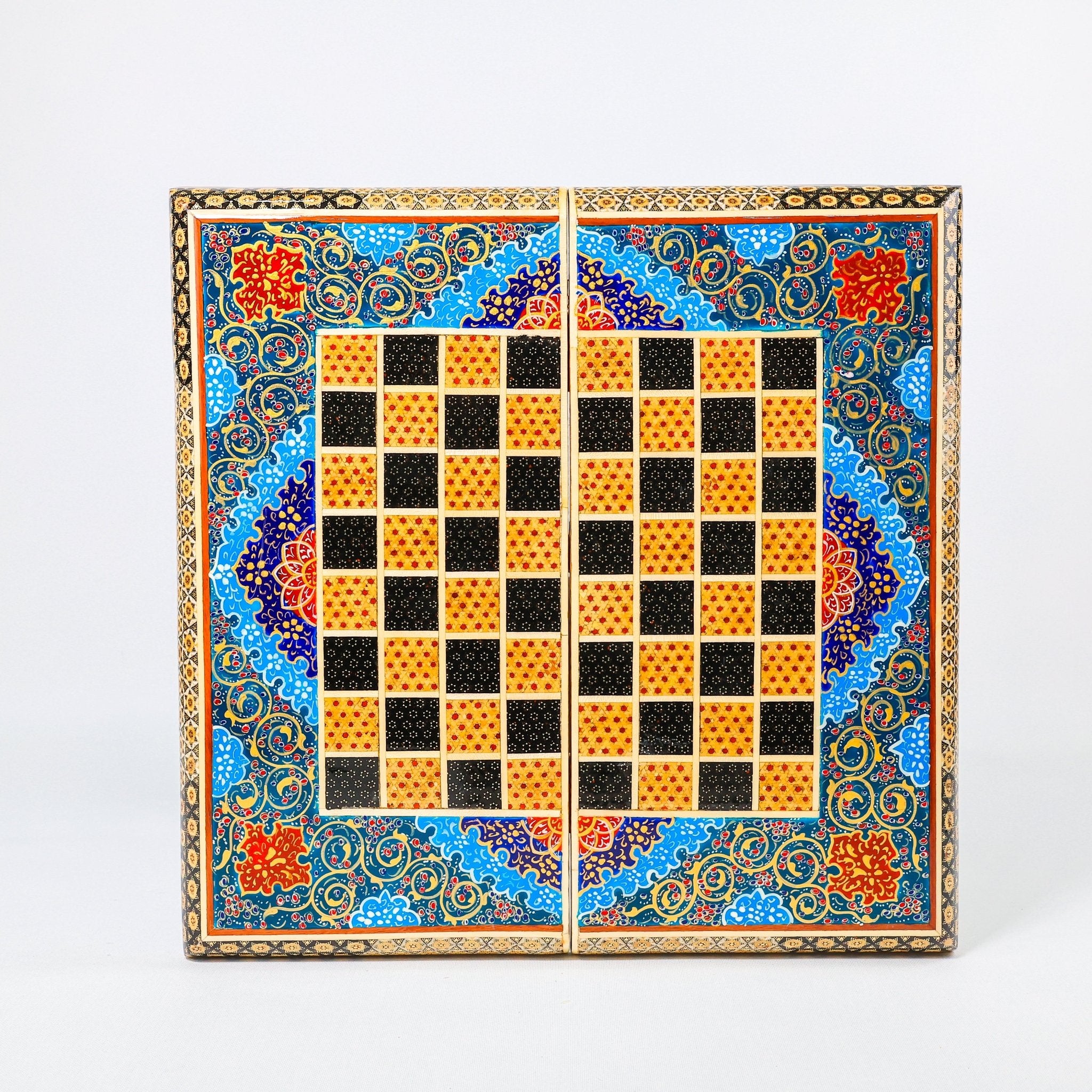Backgammon & Chess Board – Size 40 – Full Khatam with Column Frame – Tazhib Miniature Painting - 29 - Meraas Gallery