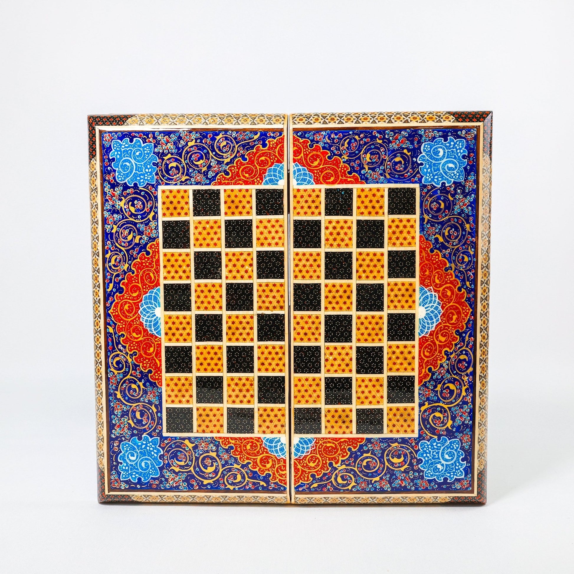 Backgammon & Chess Board – Size 40 – Full Khatam with Column Frame – Tazhib Miniature Painting - 30 - Meraas Gallery