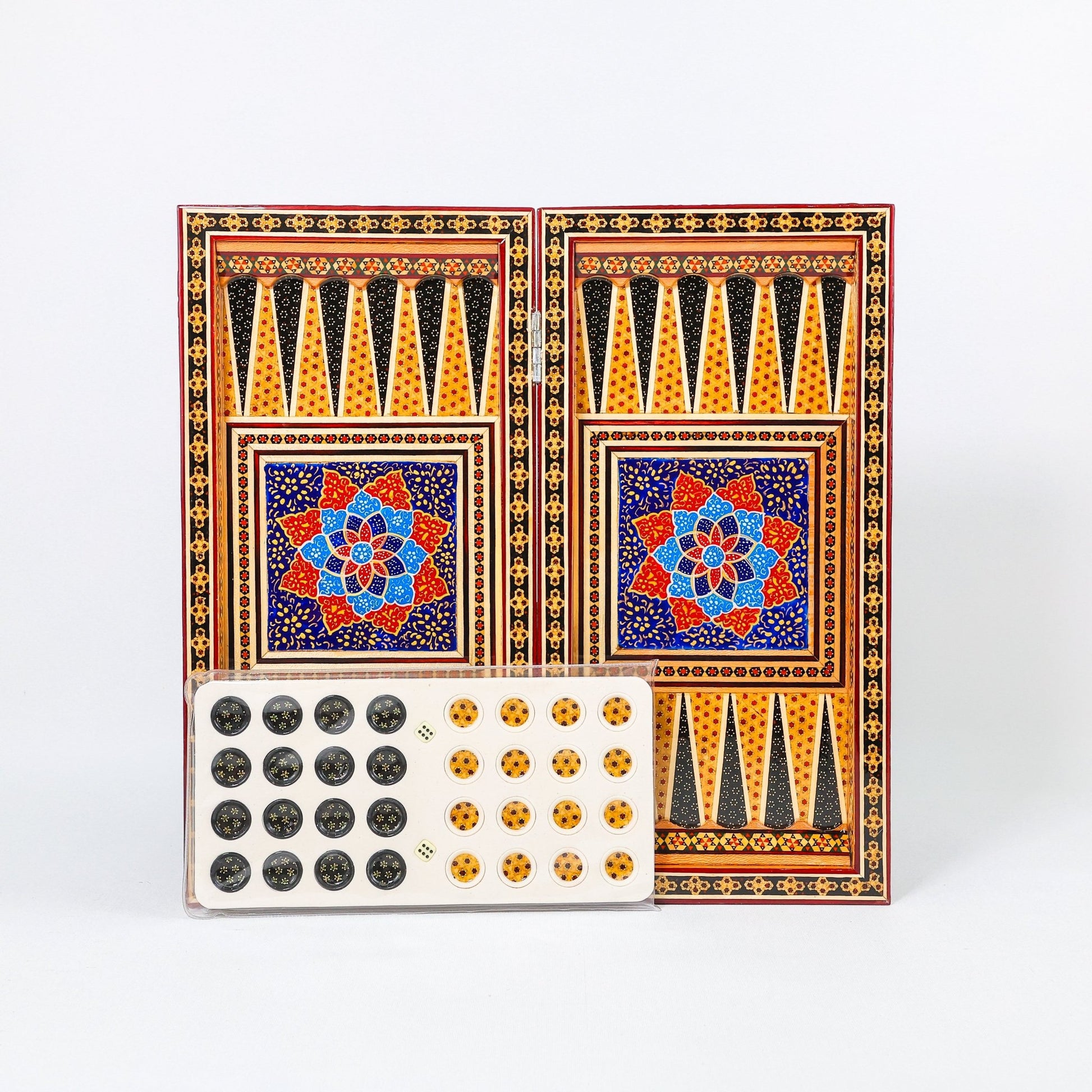 Backgammon & Chess Board – Size 40 – Full Khatam with Column Frame – Tazhib Miniature Painting - 30 - Meraas Gallery