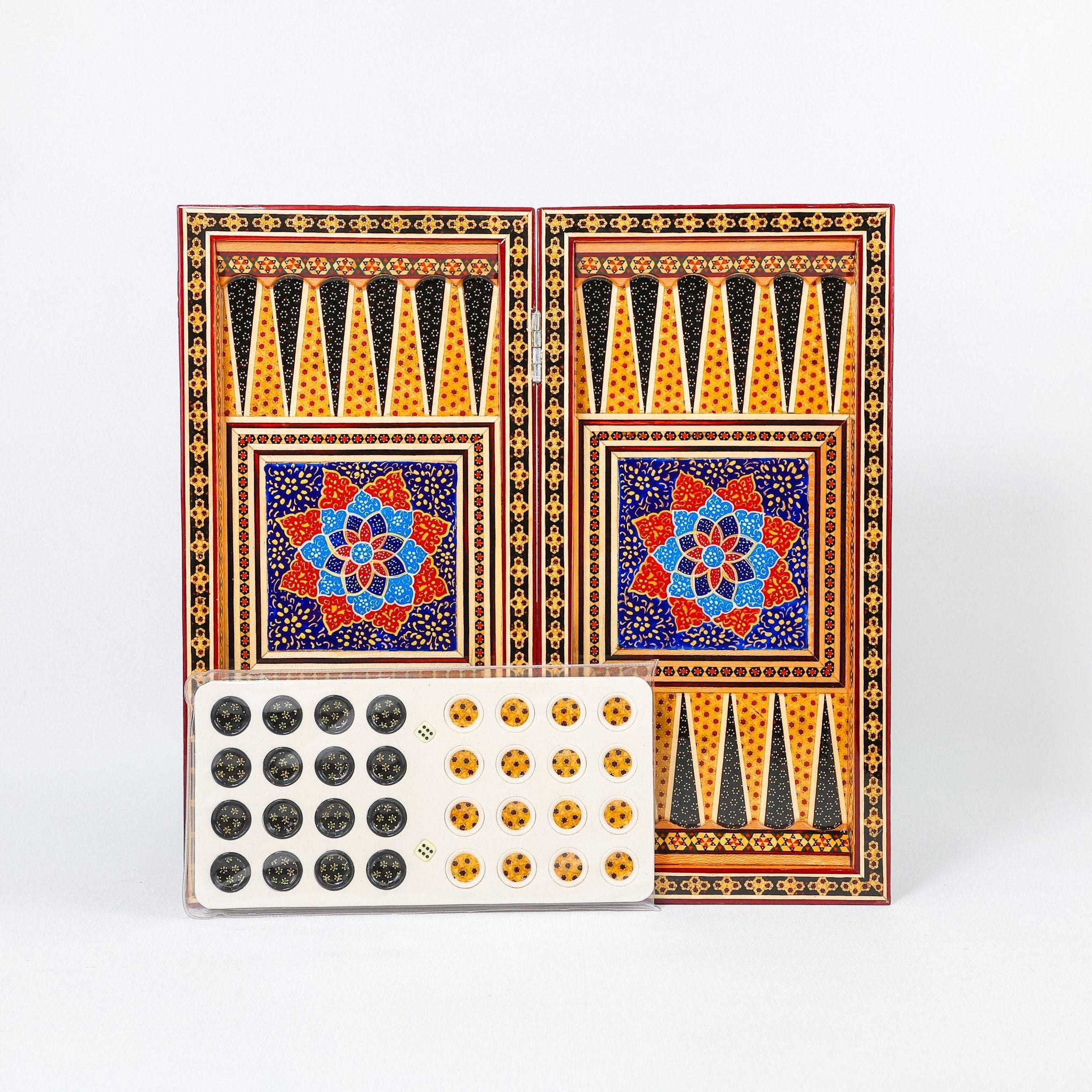 Backgammon & Chess Board – Size 40 – Full Khatam with Column Frame – Tazhib Miniature Painting - 30 - Meraas Gallery