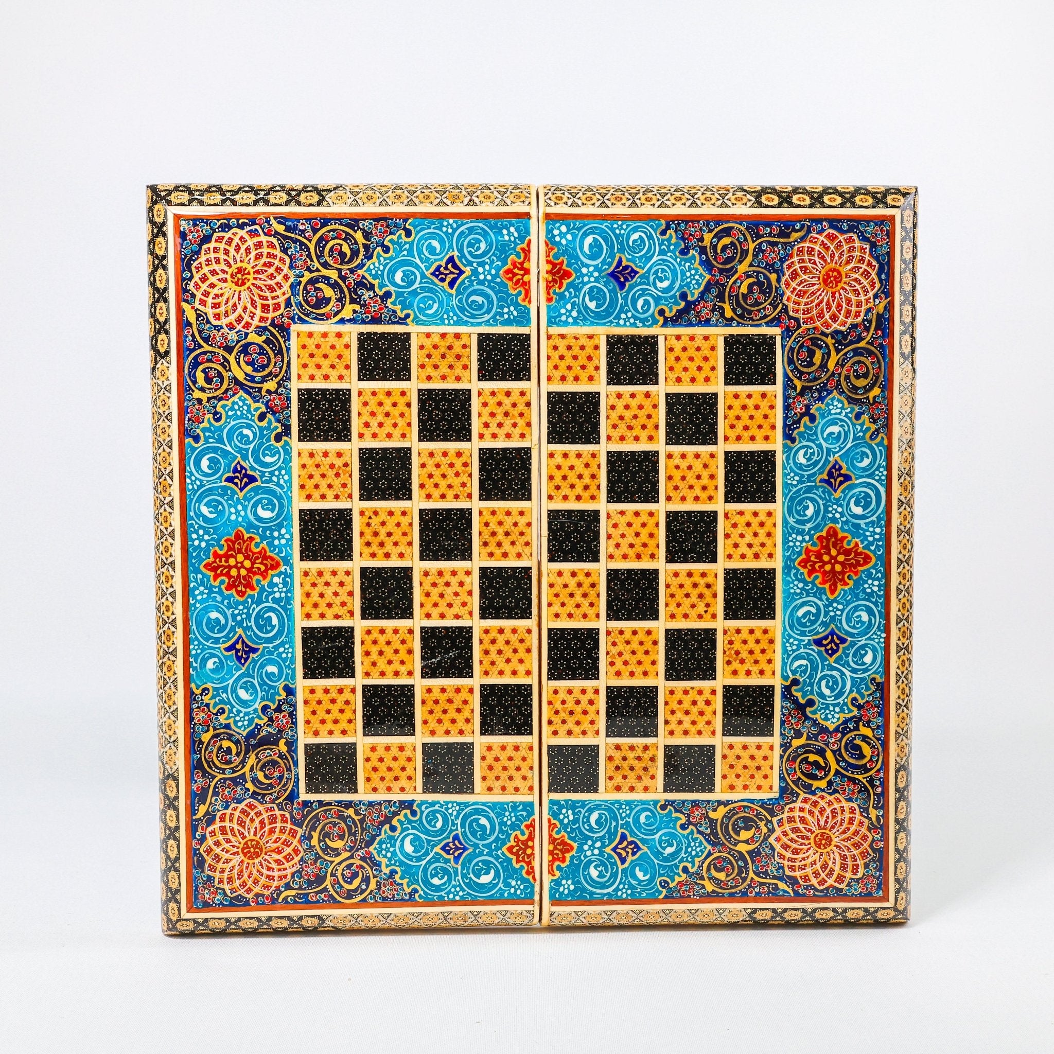 Backgammon & Chess Board – Size 40 – Full Khatam with Column Frame – Tazhib Miniature Painting - 31 - Meraas Gallery
