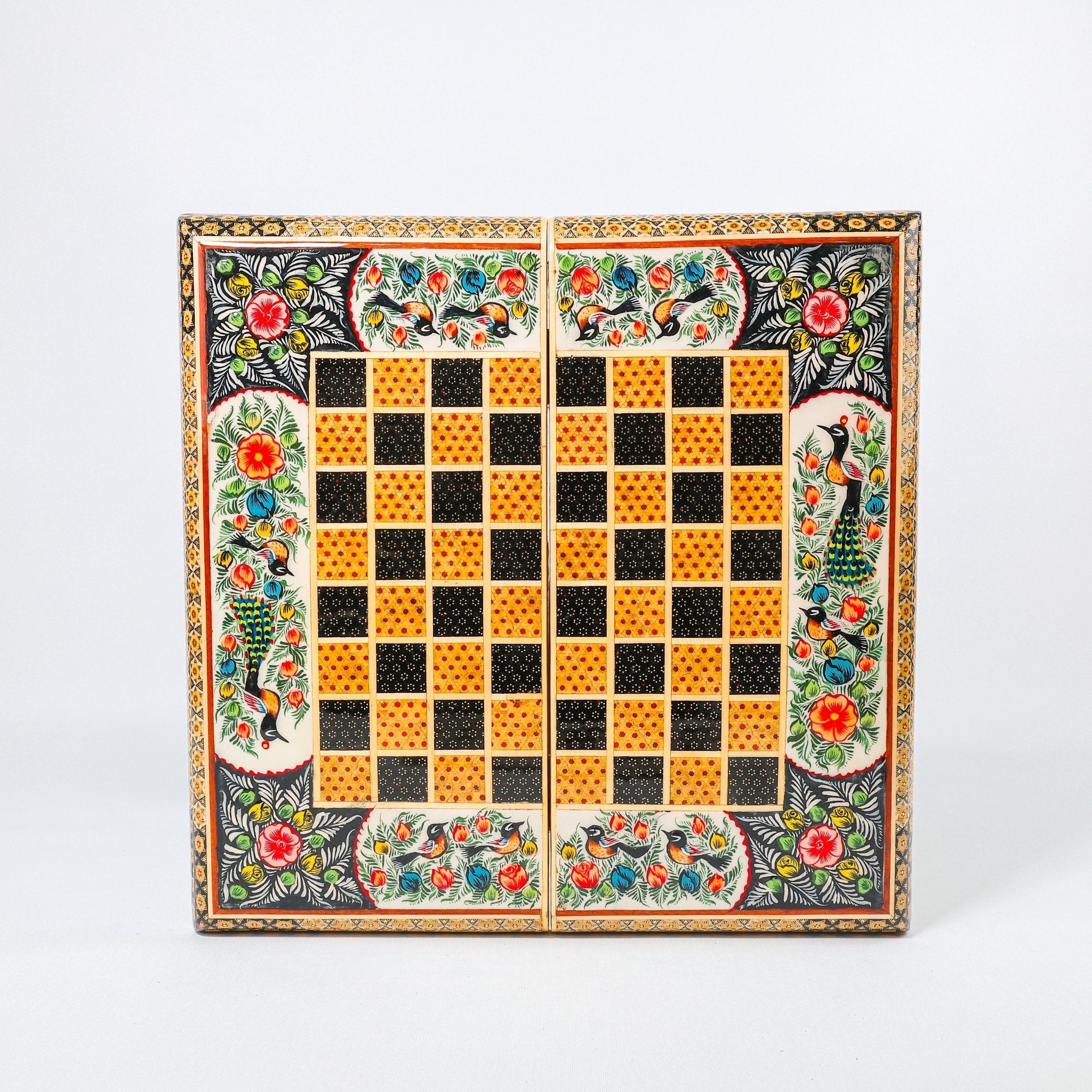 Backgammon & Chess Board – Size 40 – Full Khatam with Column Frame – Tazhib Miniature Painting - 33 - Meraas Gallery