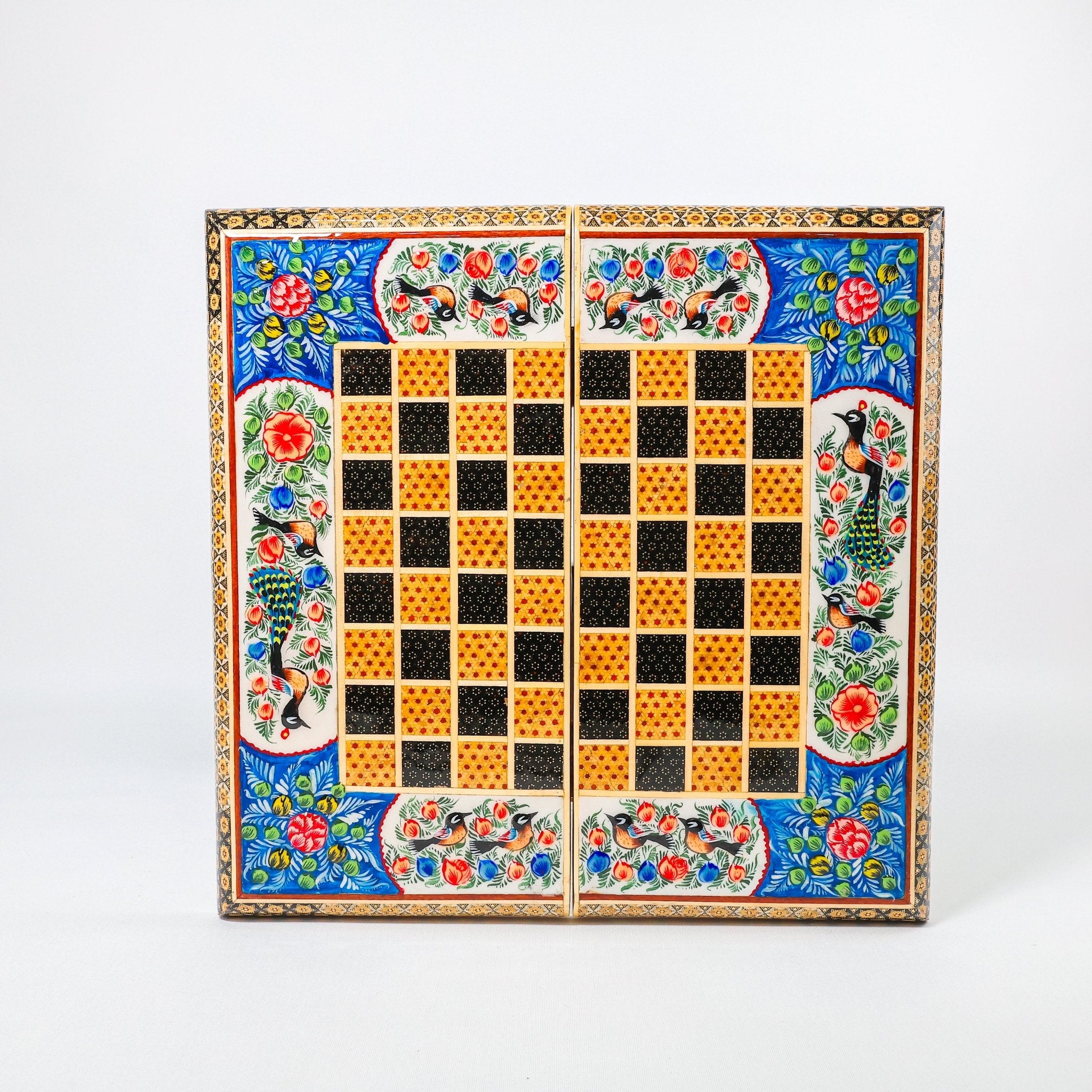 Backgammon & Chess Board – Size 40 – Full Khatam with Column Frame – Tazhib Miniature Painting - 34 - Meraas Gallery