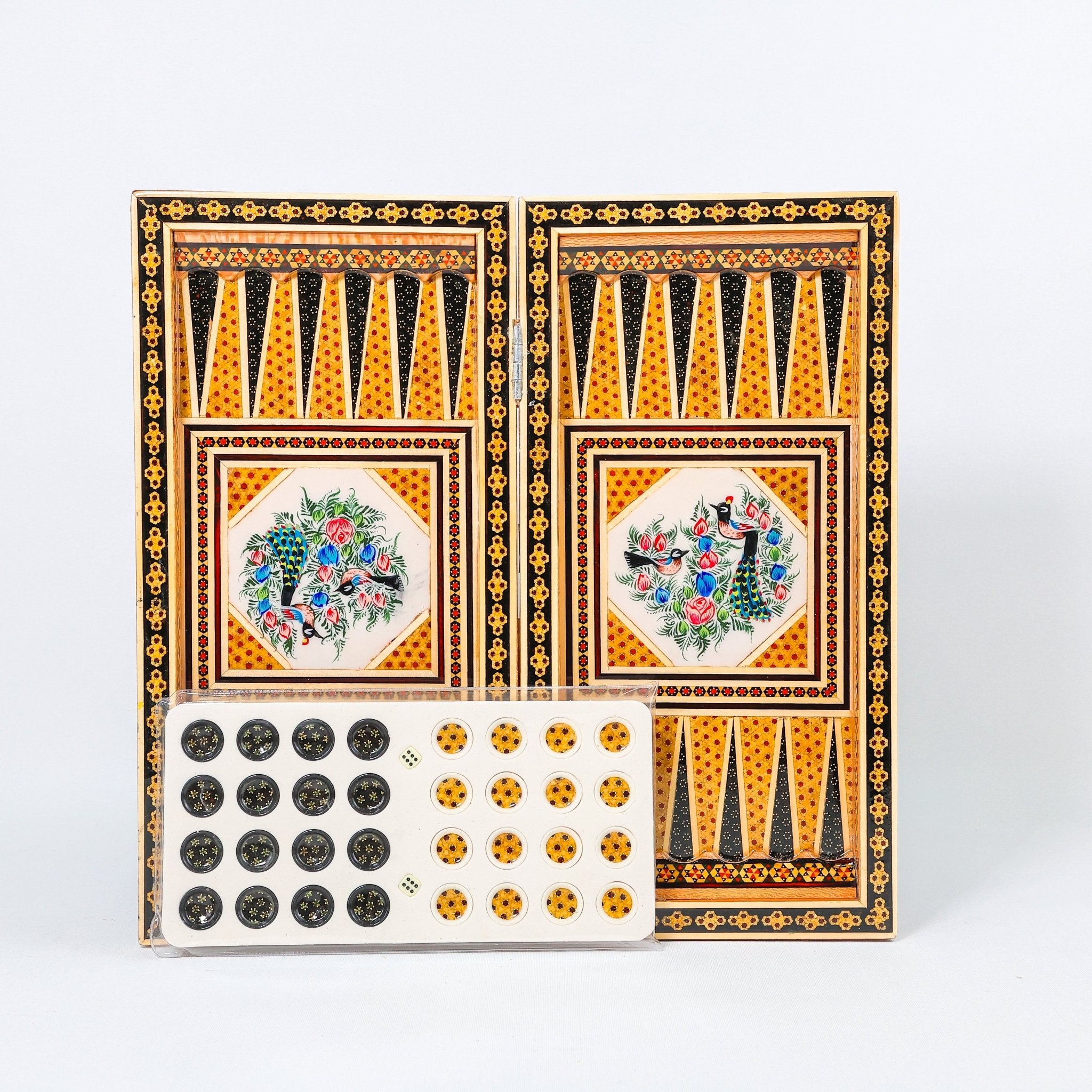 Backgammon & Chess Board – Size 40 – Full Khatam with Column Frame – Tazhib Miniature Painting - 34 - Meraas Gallery