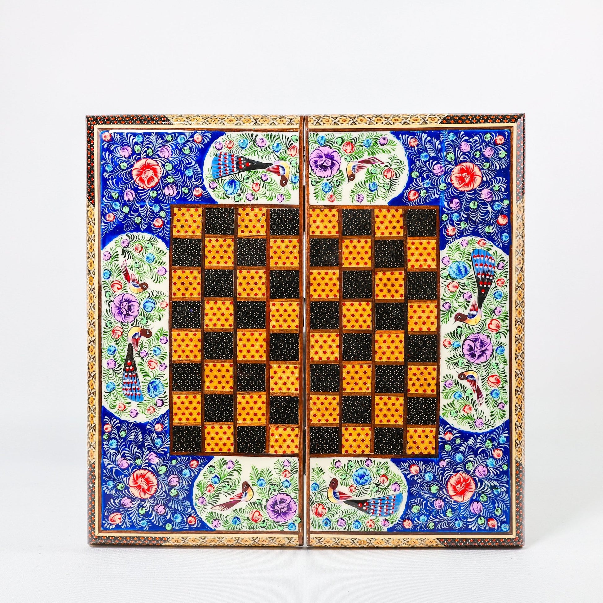 Backgammon & Chess Board – Size 40 – Full Khatam with Column Frame – Tazhib Miniature Painting - 35 - Meraas Gallery