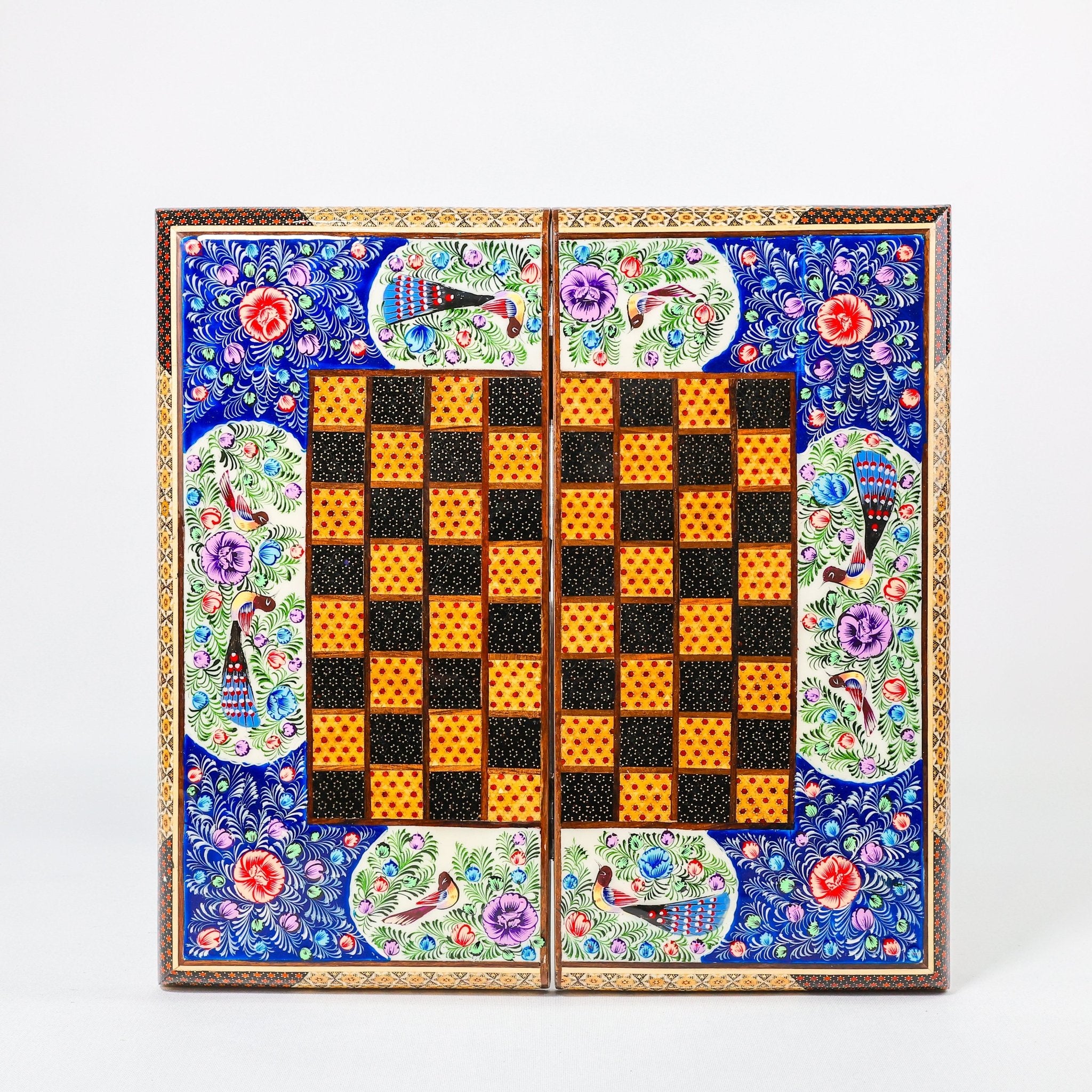 Backgammon & Chess Board – Size 40 – Full Khatam with Column Frame – Tazhib Miniature Painting - 35 - Meraas Gallery