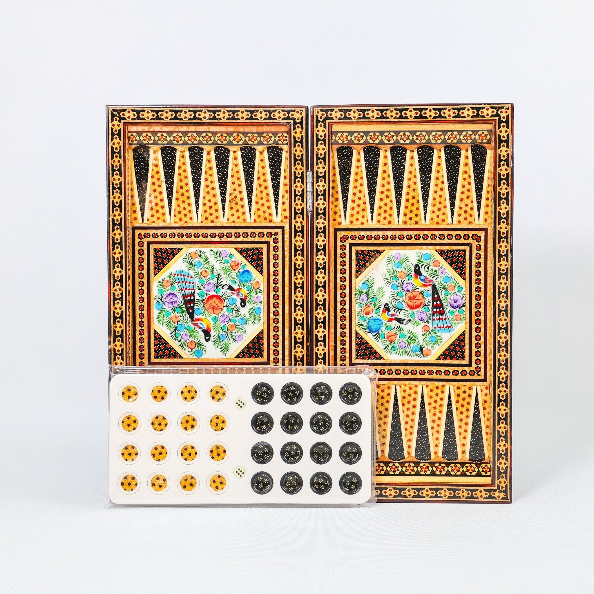 Backgammon & Chess Board – Size 40 – Full Khatam with Column Frame – Tazhib Miniature Painting - 35 - Meraas Gallery