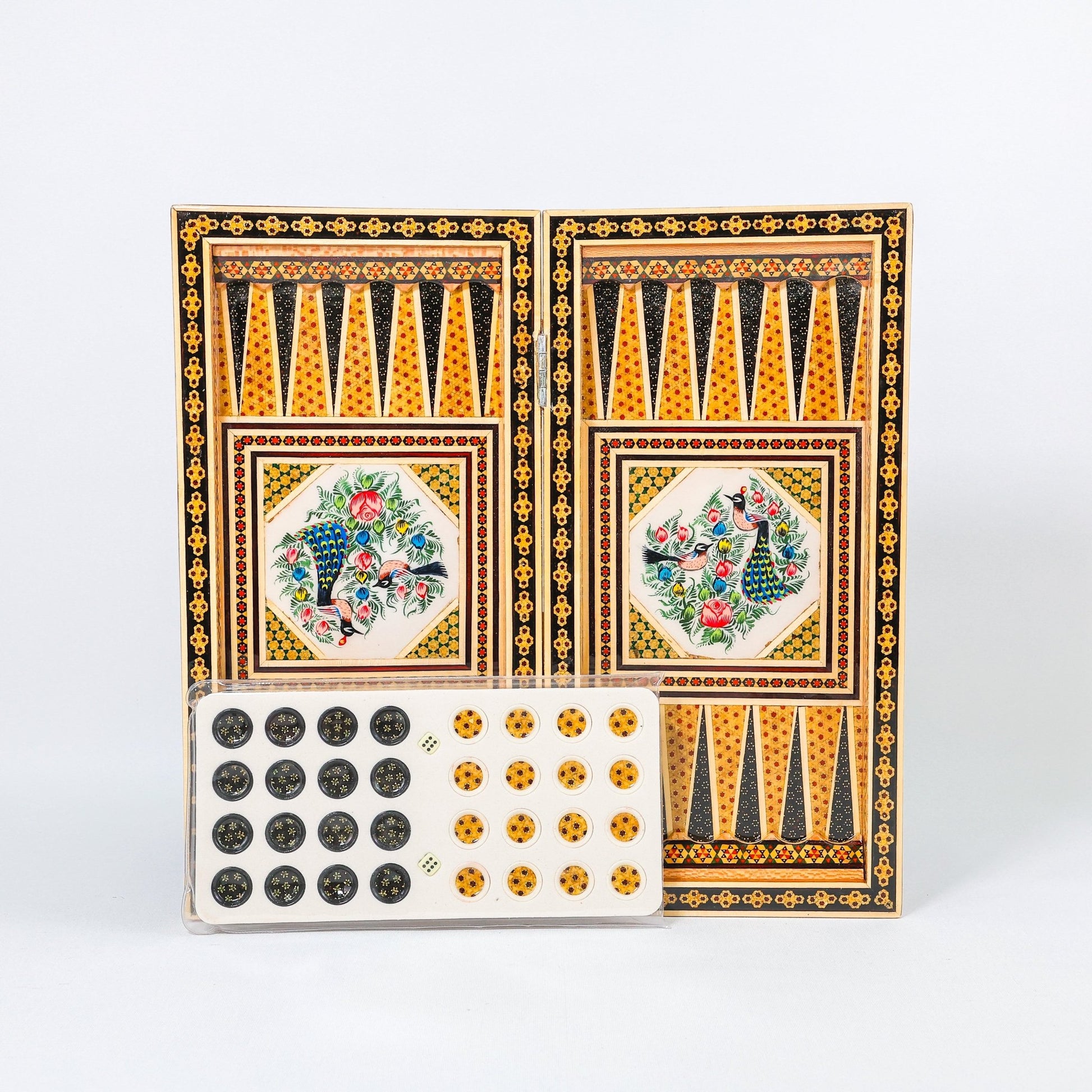 Backgammon & Chess Board – Size 40 – Full Khatam with Column Frame – Tazhib Miniature Painting - 36 - Meraas Gallery