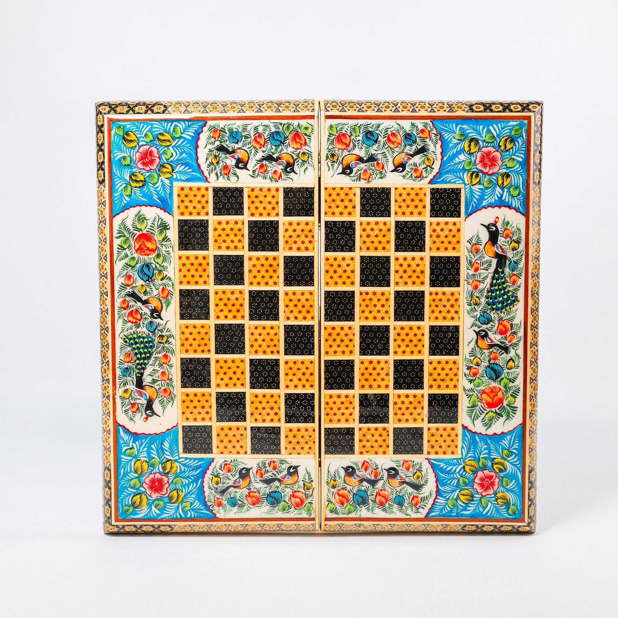 Backgammon & Chess Board – Size 40 – Full Khatam with Column Frame – Tazhib Miniature Painting - 36 - Meraas Gallery