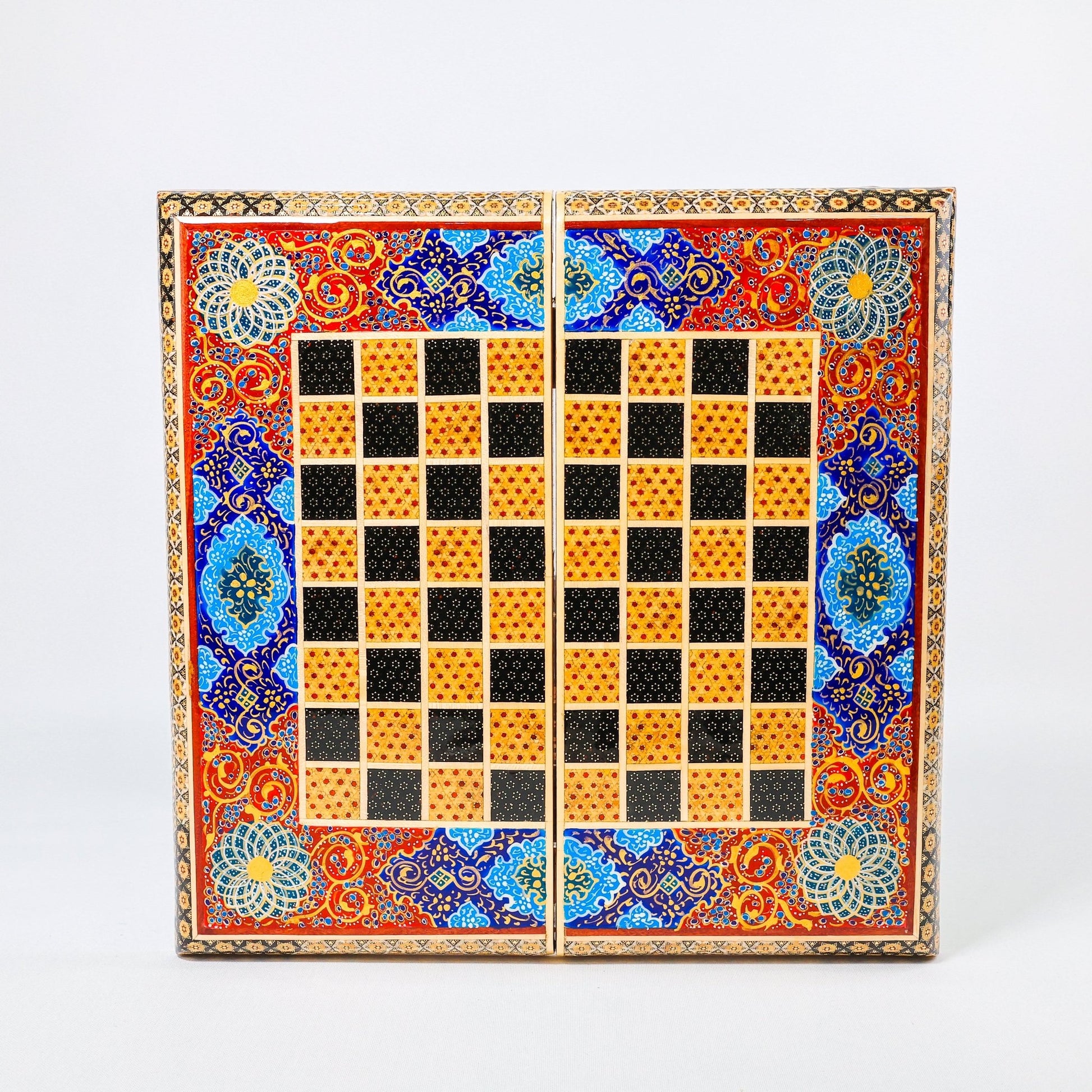 Backgammon & Chess Board – Size 40 – Full Khatam with Column Frame – Tazhib Miniature Painting - 37 - Meraas Gallery