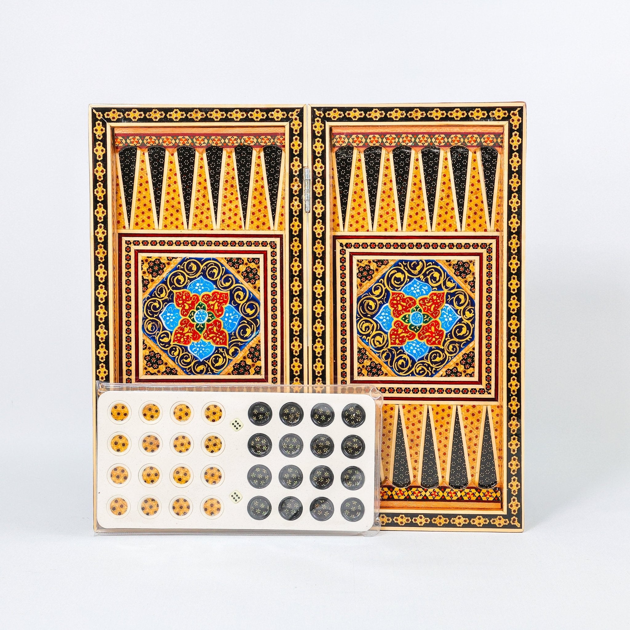 Backgammon & Chess Board – Size 40 – Full Khatam with Column Frame – Tazhib Miniature Painting - 38 - Meraas Gallery