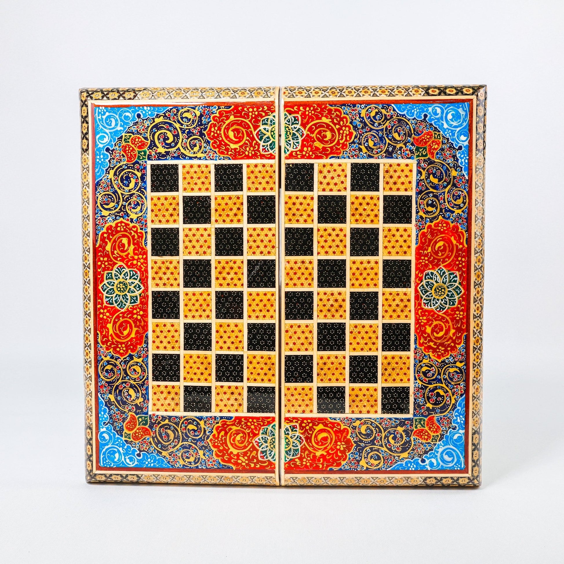 Backgammon & Chess Board – Size 40 – Full Khatam with Column Frame – Tazhib Miniature Painting - 38 - Meraas Gallery