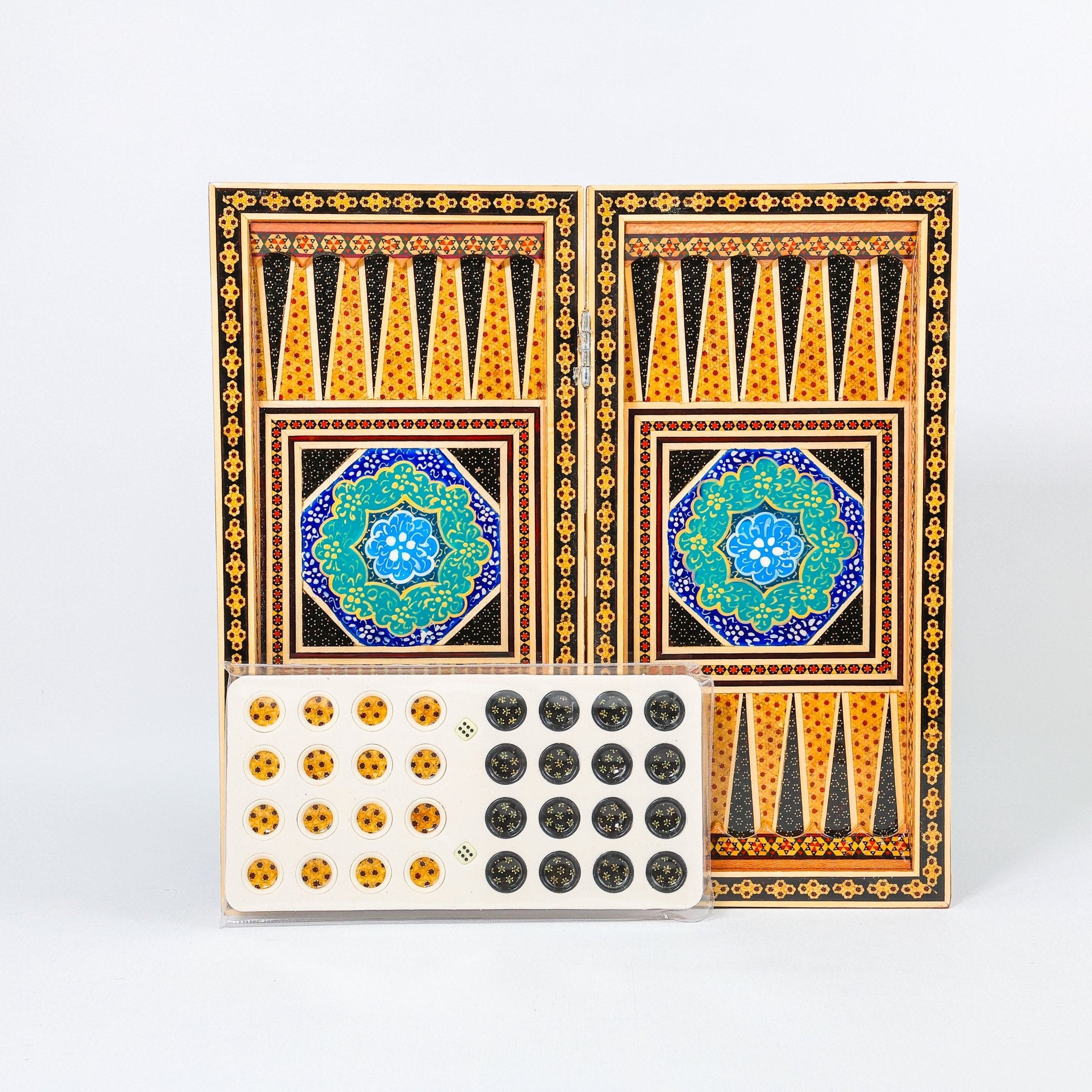 Backgammon & Chess Board – Size 40 – Full Khatam with Column Frame – Tazhib Miniature Painting - 39 - Meraas Gallery