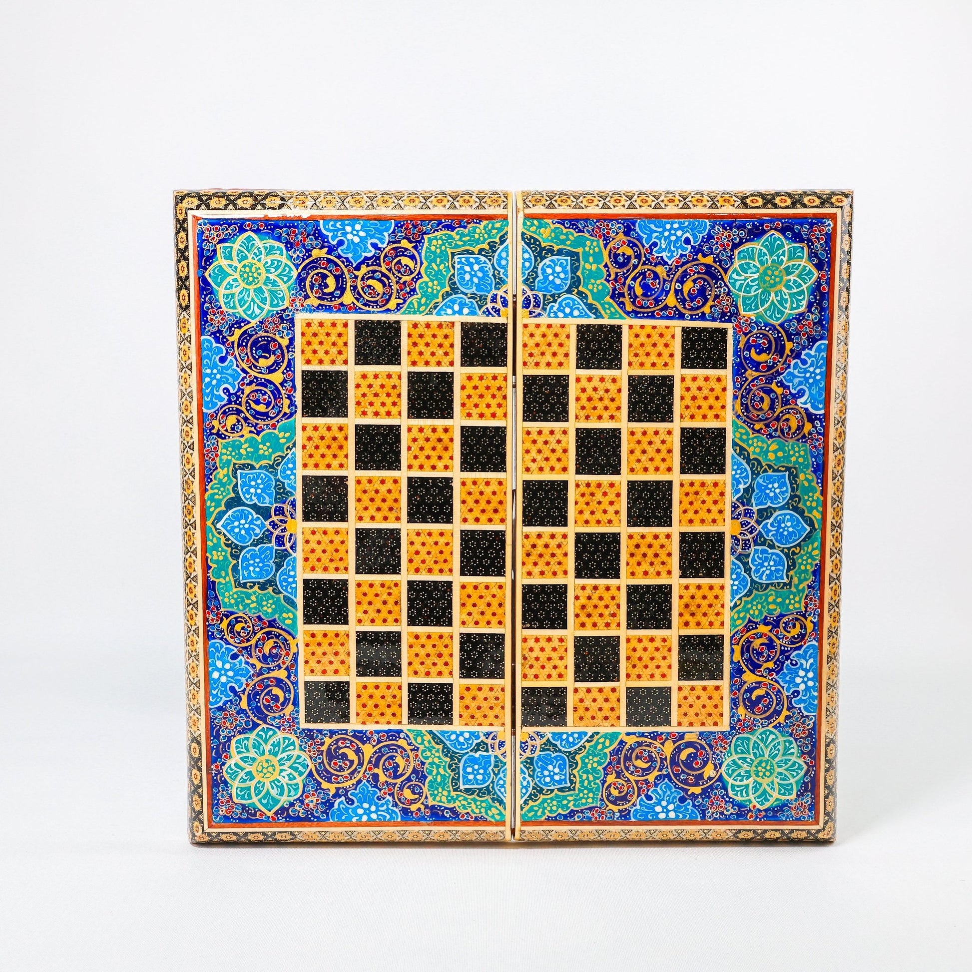 Backgammon & Chess Board – Size 40 – Full Khatam with Column Frame – Tazhib Miniature Painting - 39 - Meraas Gallery