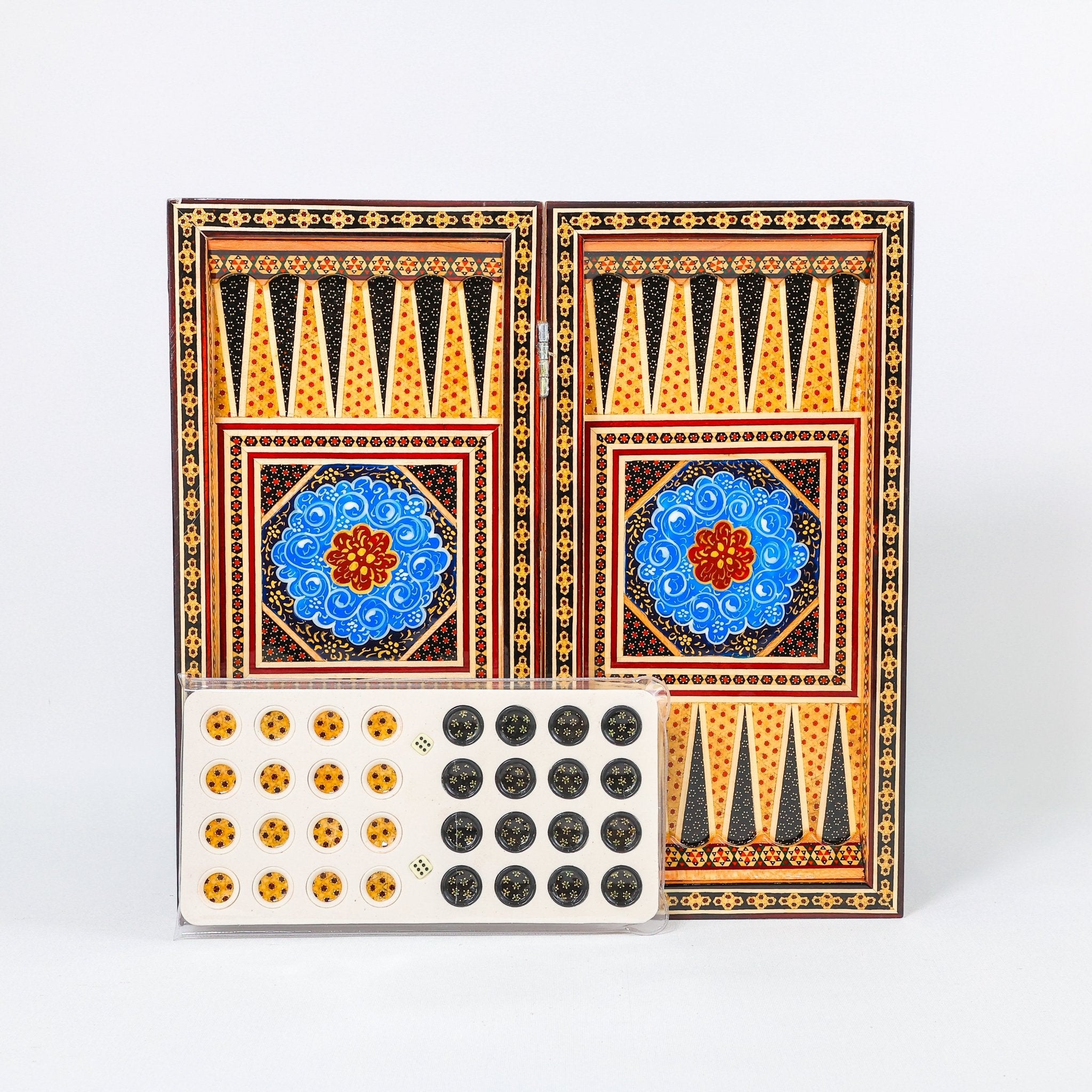 Backgammon & Chess Board – Size 40 – Full Khatam with Column Frame – Tazhib Miniature Painting - 40 - Meraas Gallery