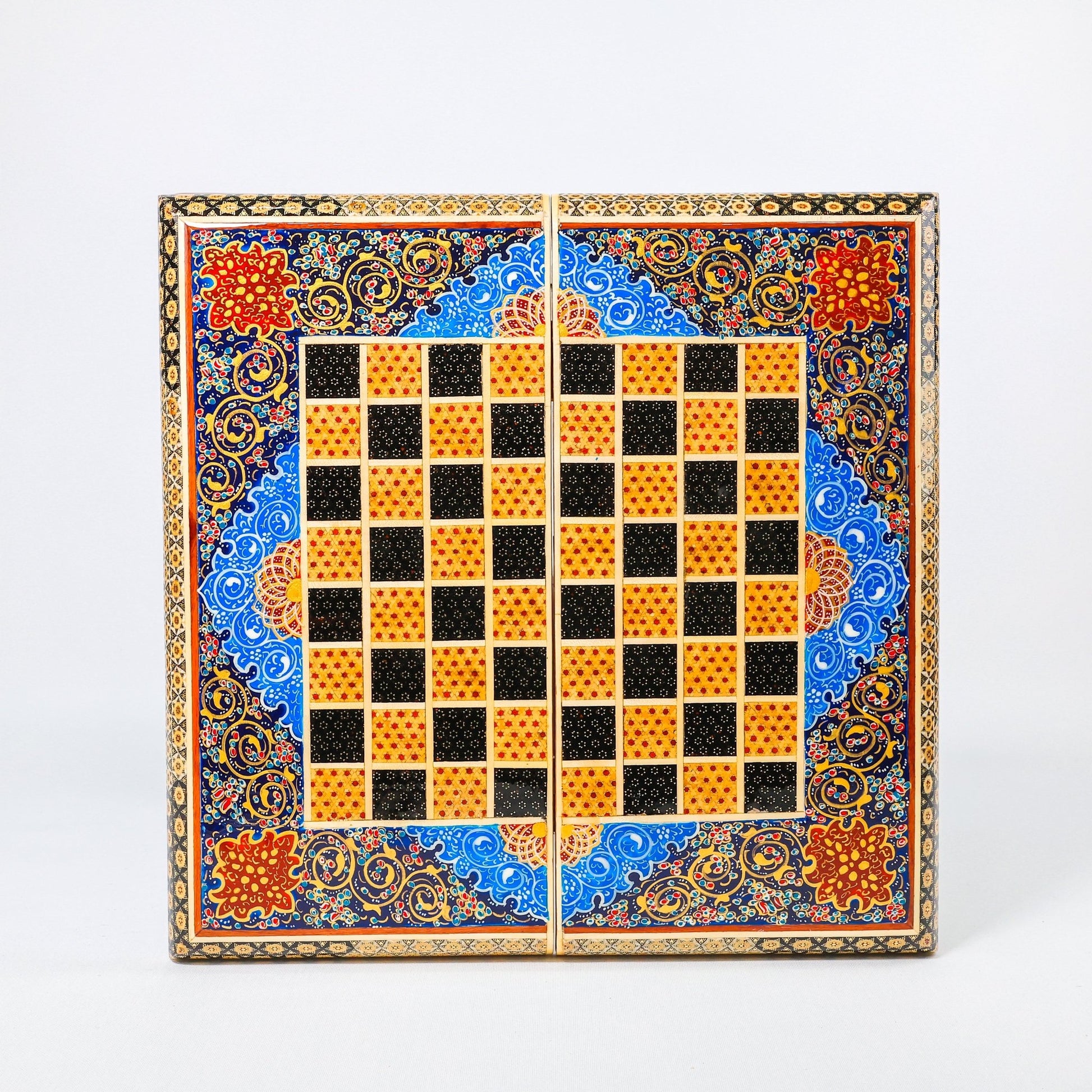 Backgammon & Chess Board – Size 40 – Full Khatam with Column Frame – Tazhib Miniature Painting - 40 - Meraas Gallery