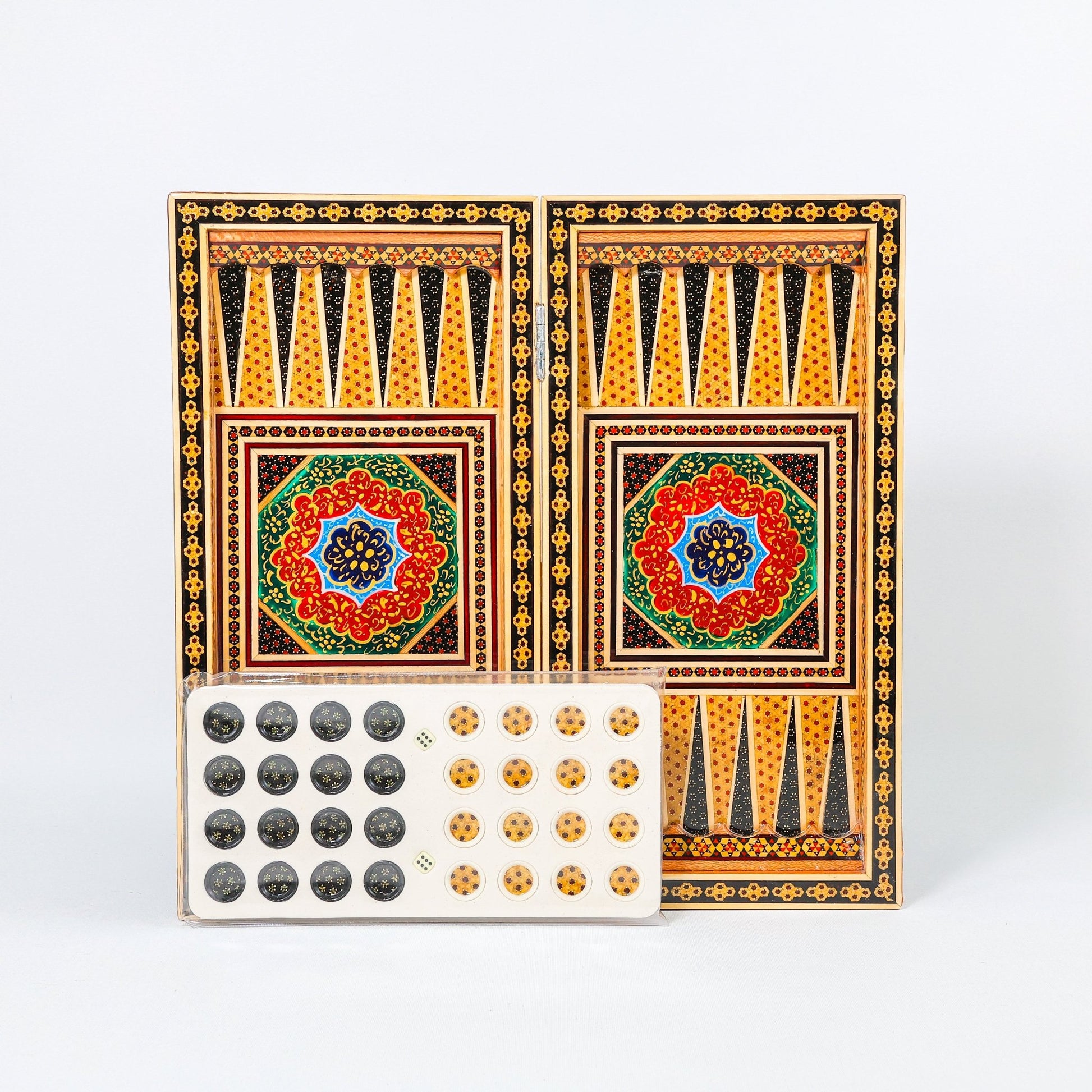 Backgammon & Chess Board – Size 40 – Full Khatam with Column Frame – Tazhib Miniature Painting - 41 - Meraas Gallery