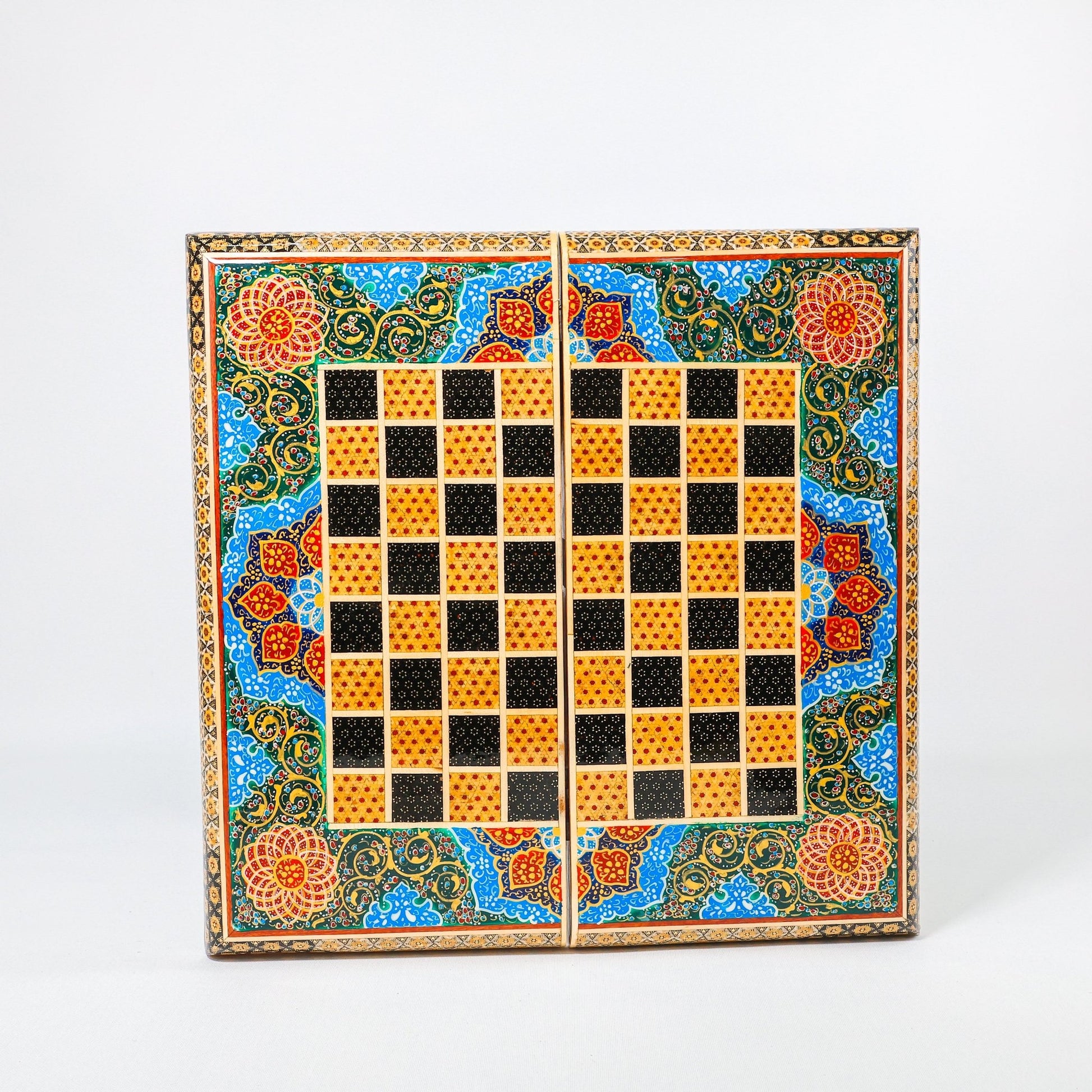 Backgammon & Chess Board – Size 40 – Full Khatam with Column Frame – Tazhib Miniature Painting - 41 - Meraas Gallery