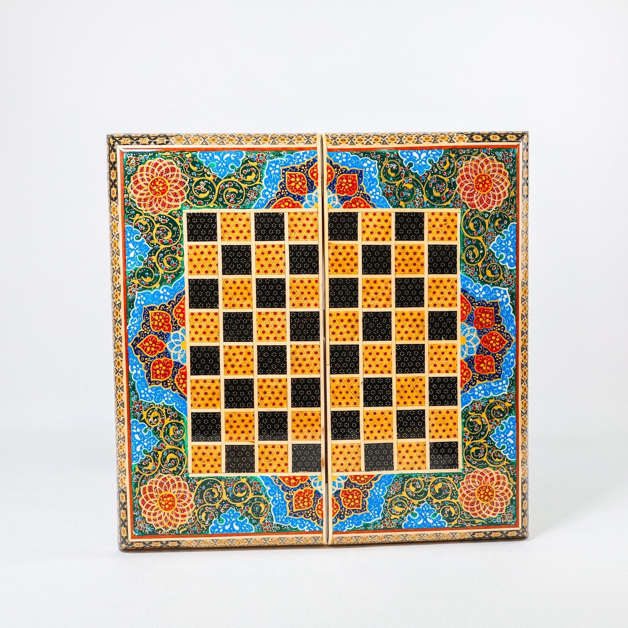 Backgammon & Chess Board – Size 40 – Full Khatam with Column Frame – Tazhib Miniature Painting - 41 - Meraas Gallery