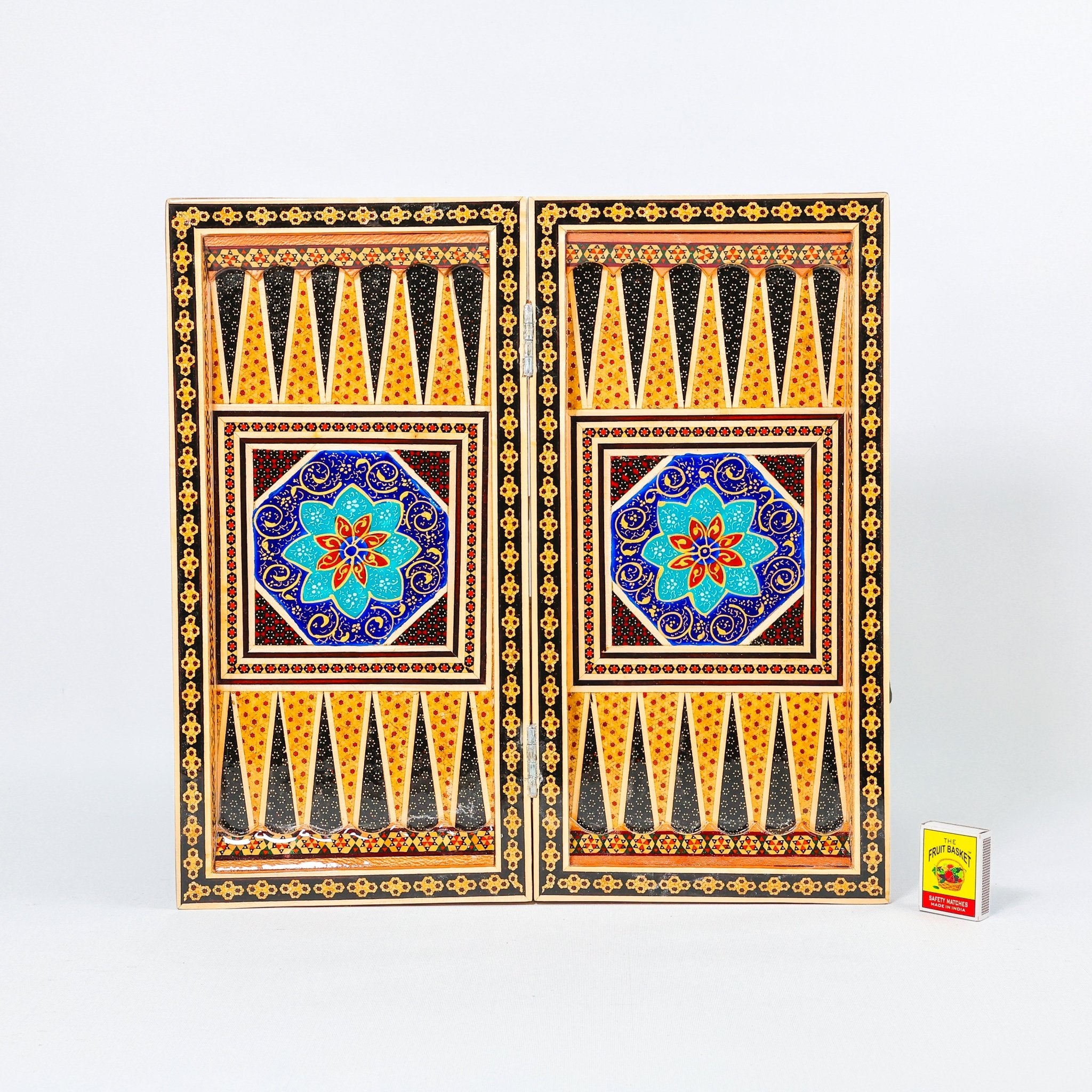 Backgammon & Chess Board – Size 40 – Full Khatam with Column Frame – Tazhib Miniature Painting - 42 - Meraas Gallery